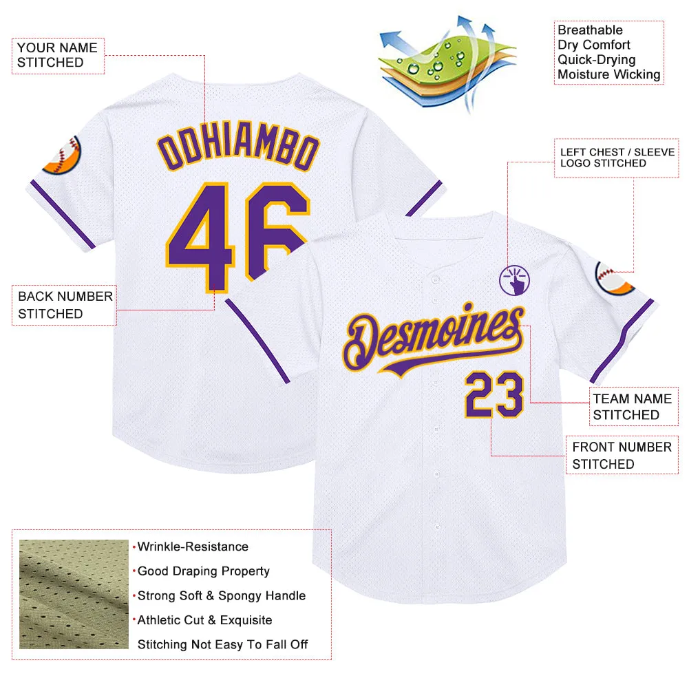 Custom White Purple-Gold Mesh Authentic Throwback Baseball Jersey