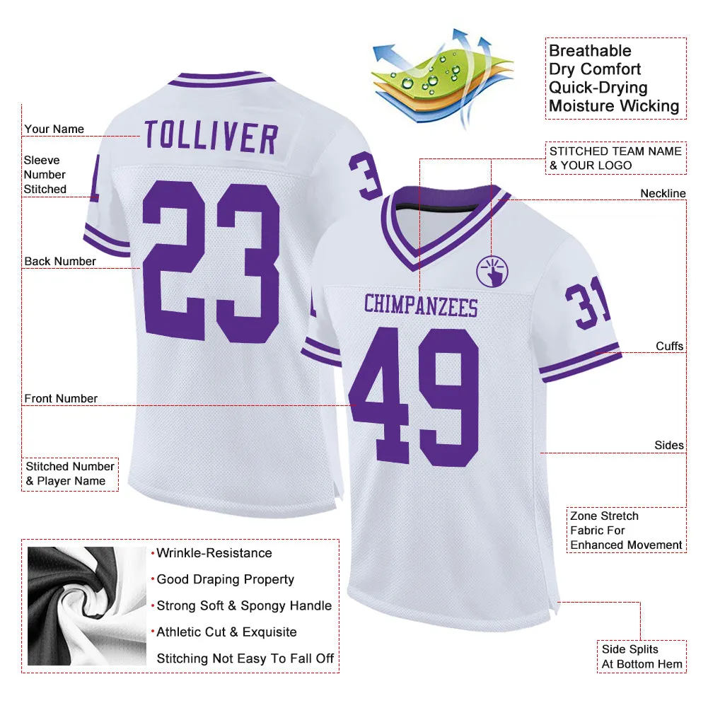 Custom White Purple Mesh Authentic Throwback Football Jersey