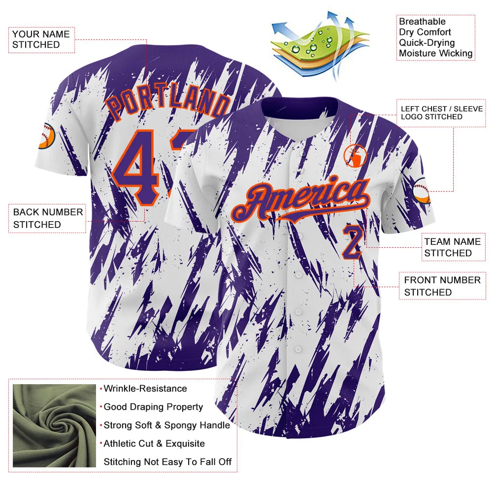 Custom White Purple-Orange 3D Pattern Design Abstract Sharp Shape Authentic Baseball Jersey