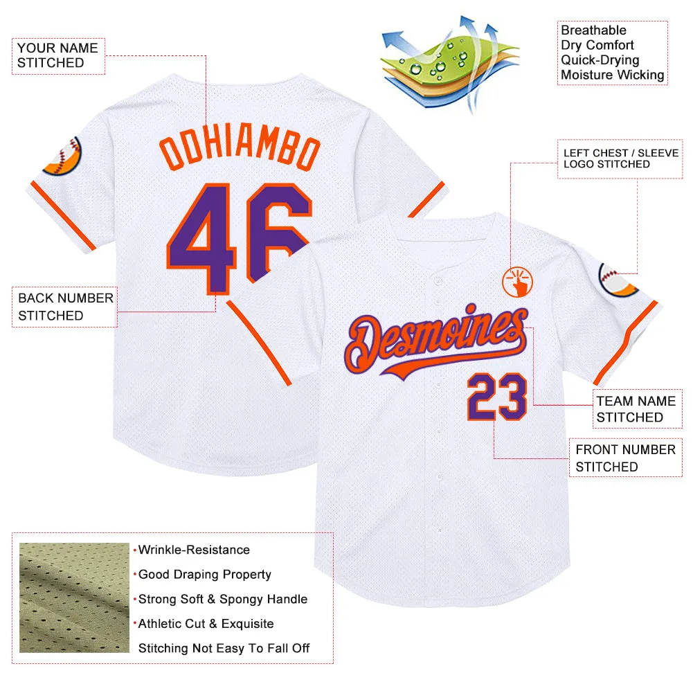 Custom White Purple-Orange Mesh Authentic Throwback Baseball Jersey