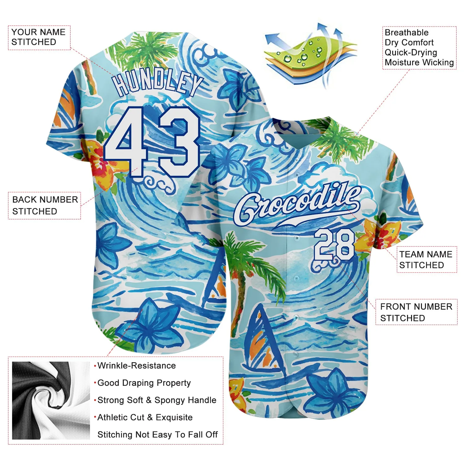 Custom White Royal 3D Pattern Design Beach Hawaii Palm Trees And Flowers Authentic Baseball Jersey