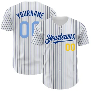 Custom White Royal Pinstripe Light Blue-Yellow Authentic Baseball Jersey