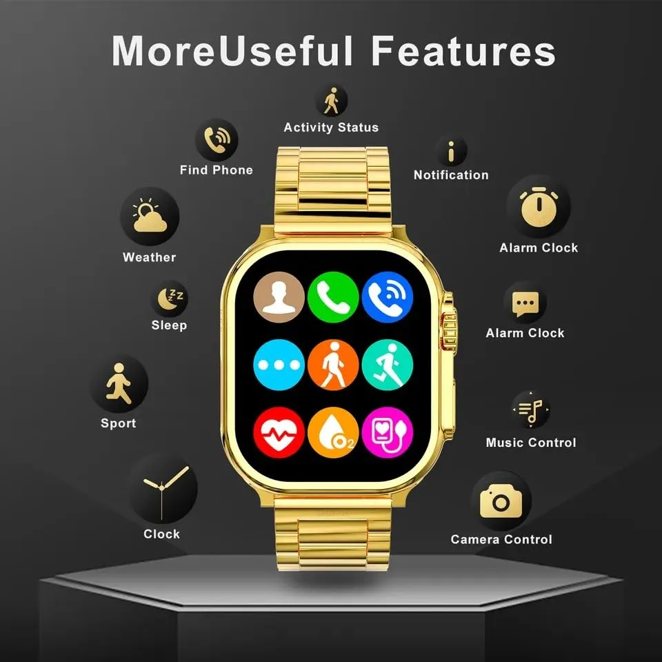 (Double Strap) Smart Watch Golden, Golden Smartwatch for Men Stylish and Functional Ultra Watch Golden Smartwatch - Double (Golden and Black)Bracelet Strap - Bluetooth Call, Wireless Charging, Fitness Tracker - Golden