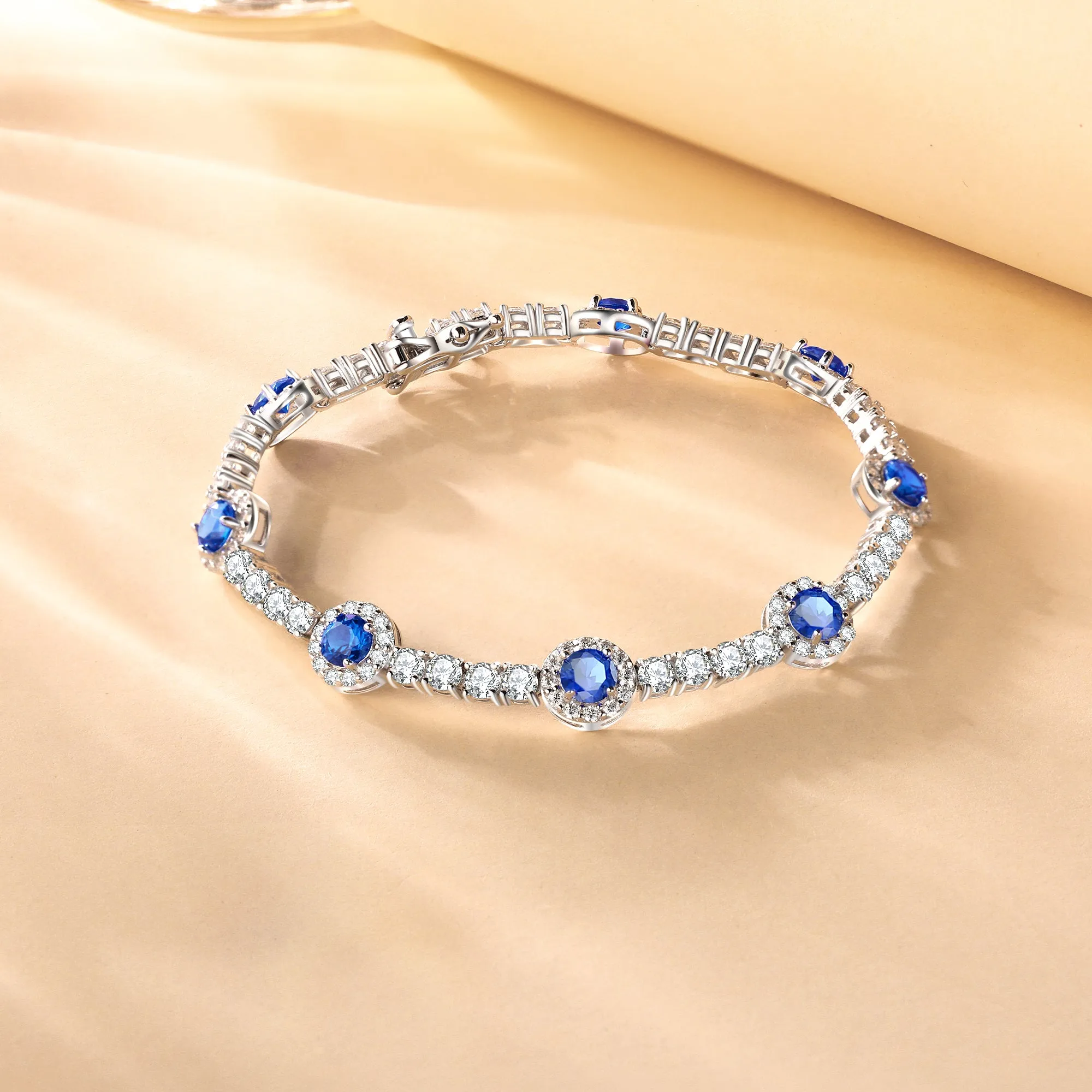 FANCIME "Noble Allure" September Birthstone Sapphire Station Tennis Sterling Silver Bracelet