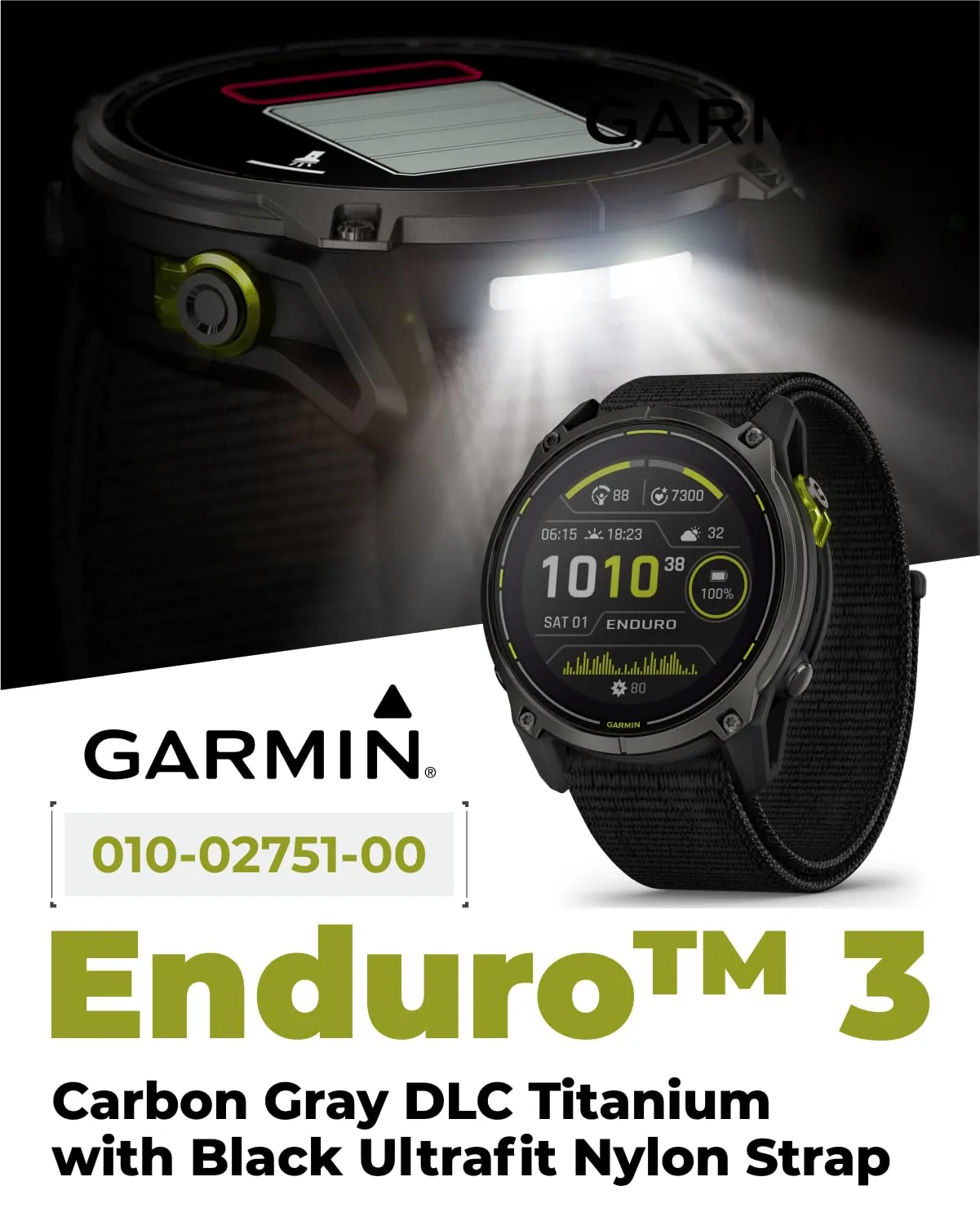 Garmin Enduro 3 - 51 mm, Solar, Sapphire, Ultraperformance GPS Smartwatch, Carbon Gray DLC Titanium with Black UltraFit Nylon Strap Bundle (010-02751-00)