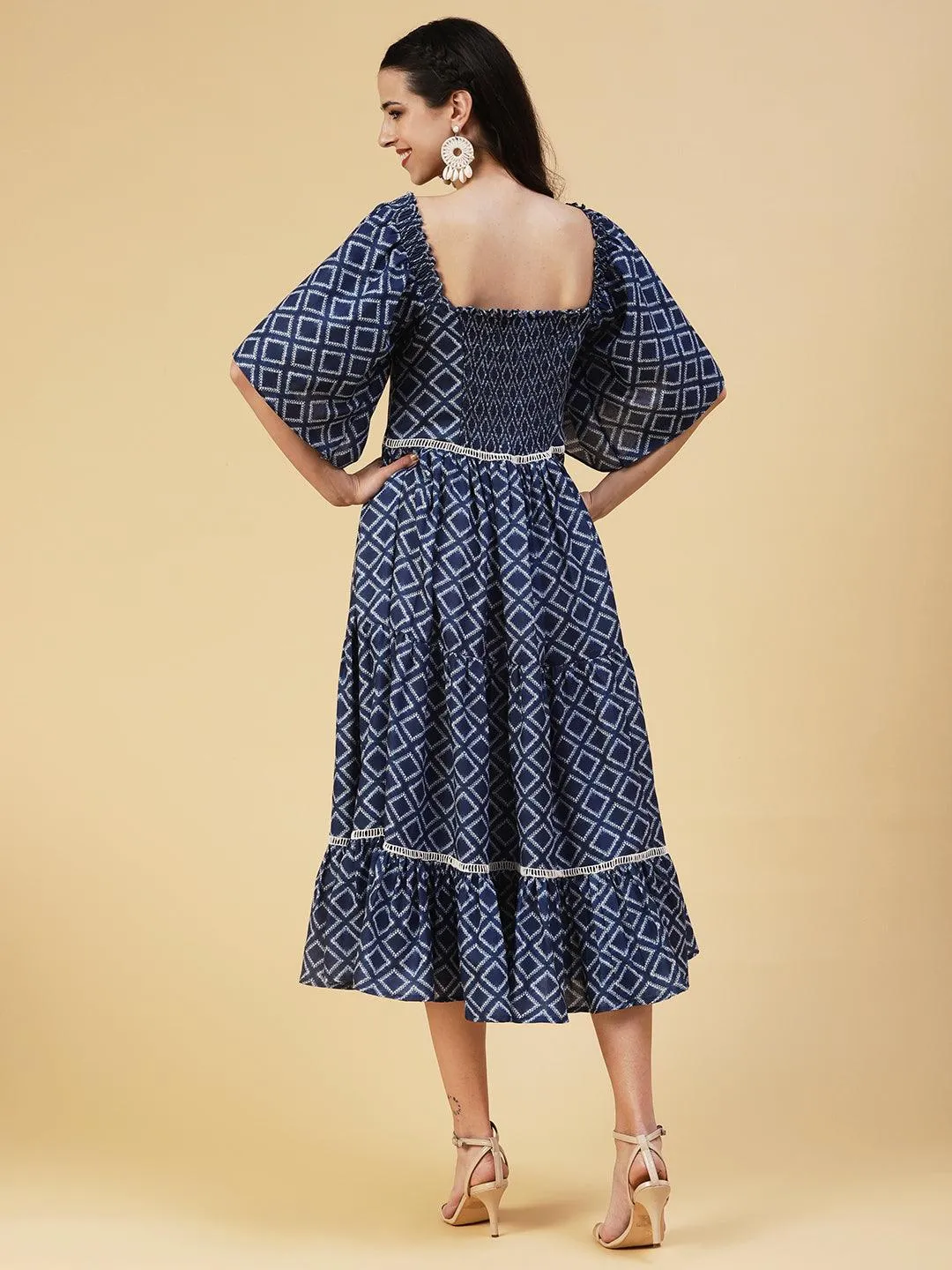 Geometric Printed Off Shoulder Tiered Flared Midi Dress - Blue