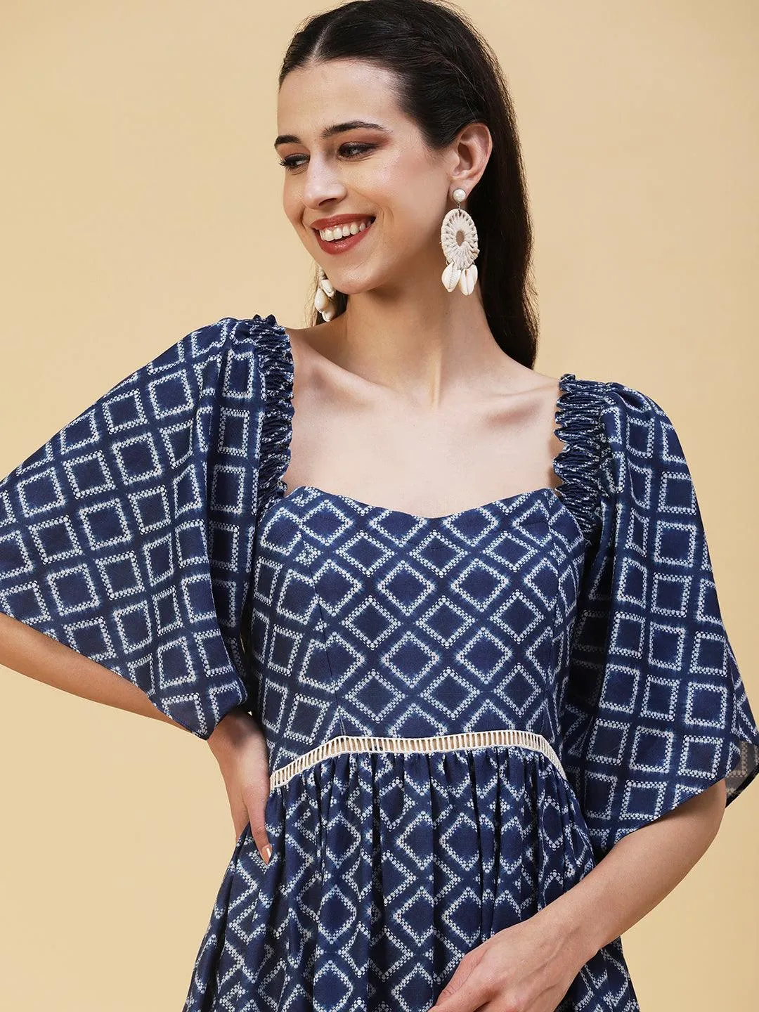 Geometric Printed Off Shoulder Tiered Flared Midi Dress - Blue