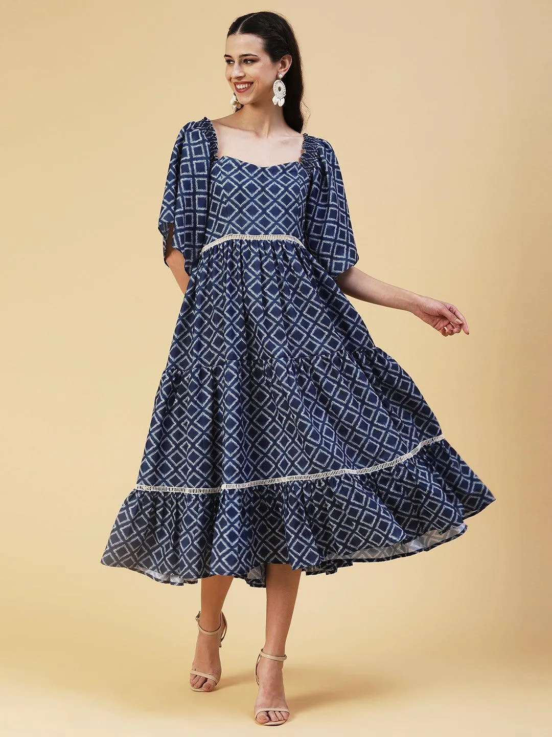 Geometric Printed Off Shoulder Tiered Flared Midi Dress - Blue