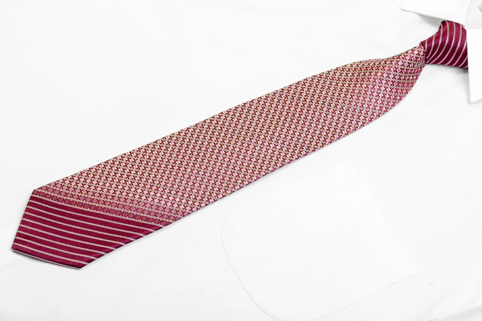 Geometric Striped On Burgundy Rhinestone Necktie With Gold Sparkles