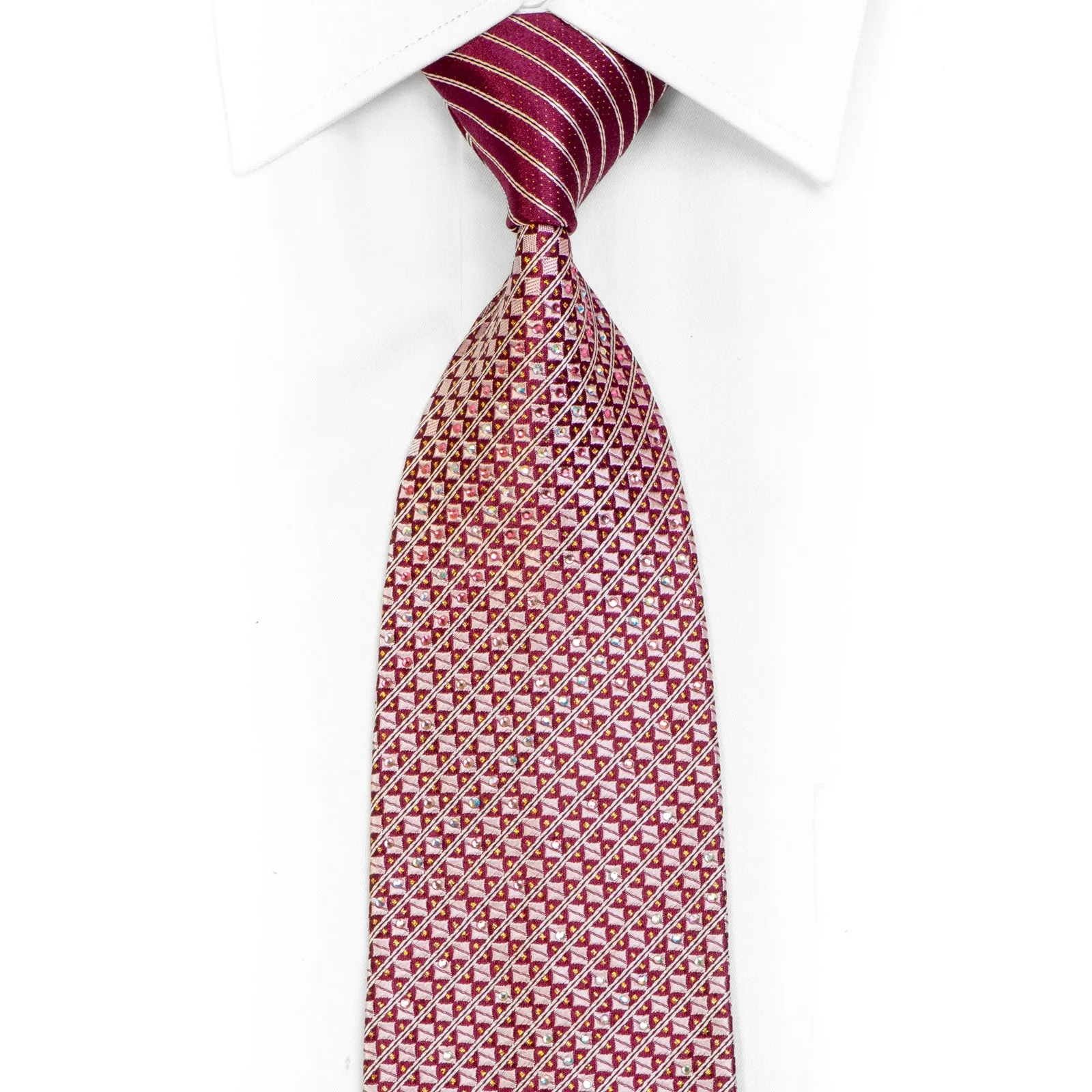 Geometric Striped On Burgundy Rhinestone Necktie With Gold Sparkles