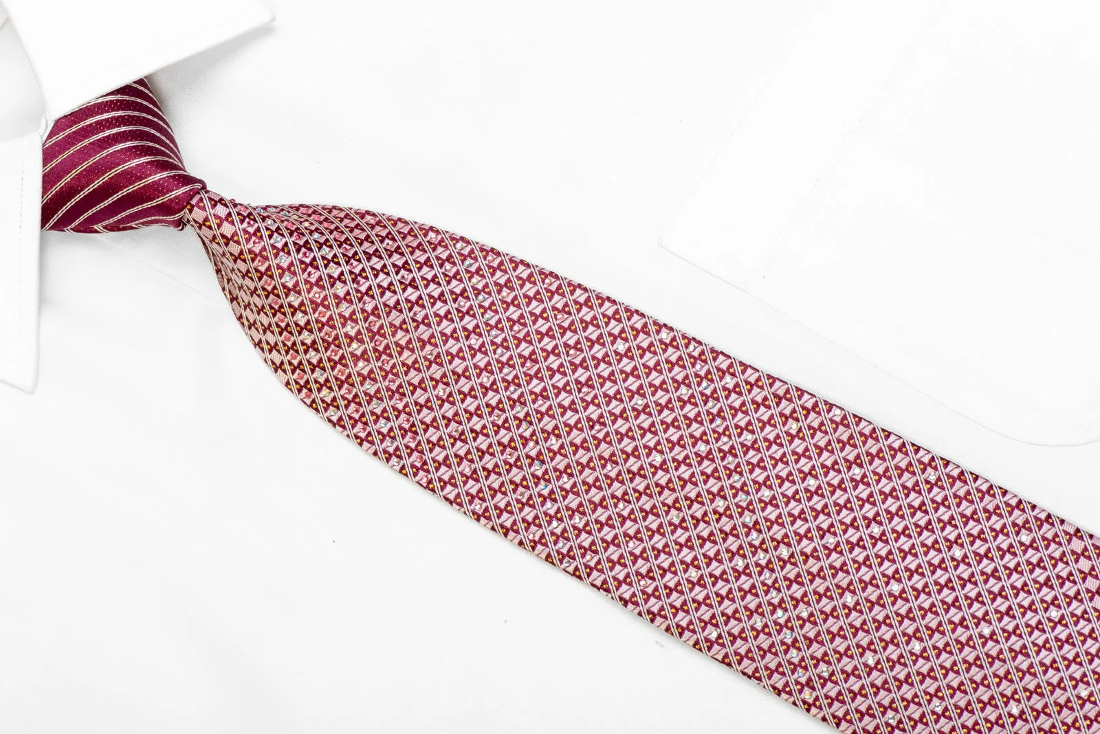 Geometric Striped On Burgundy Rhinestone Necktie With Gold Sparkles