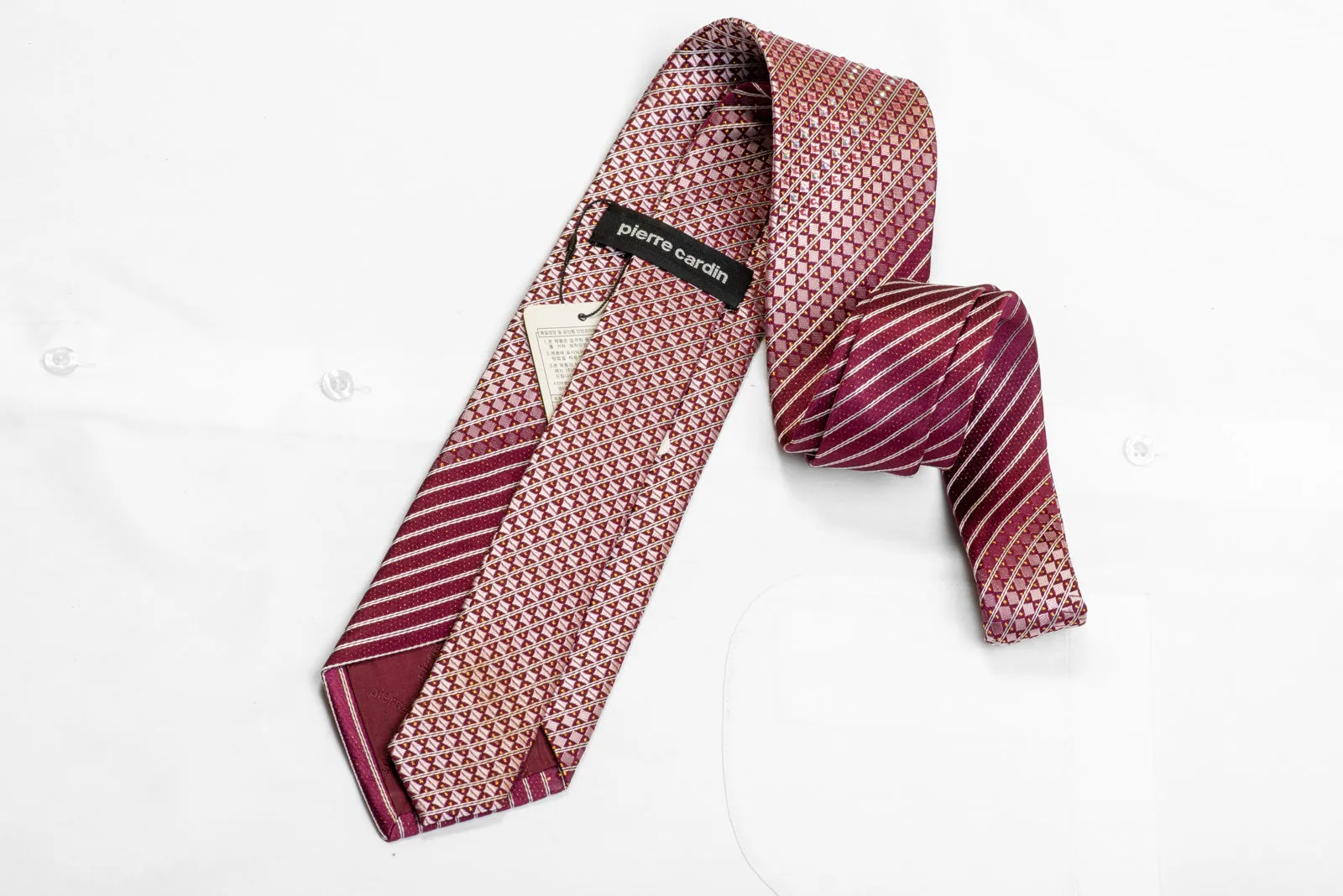 Geometric Striped On Burgundy Rhinestone Necktie With Gold Sparkles