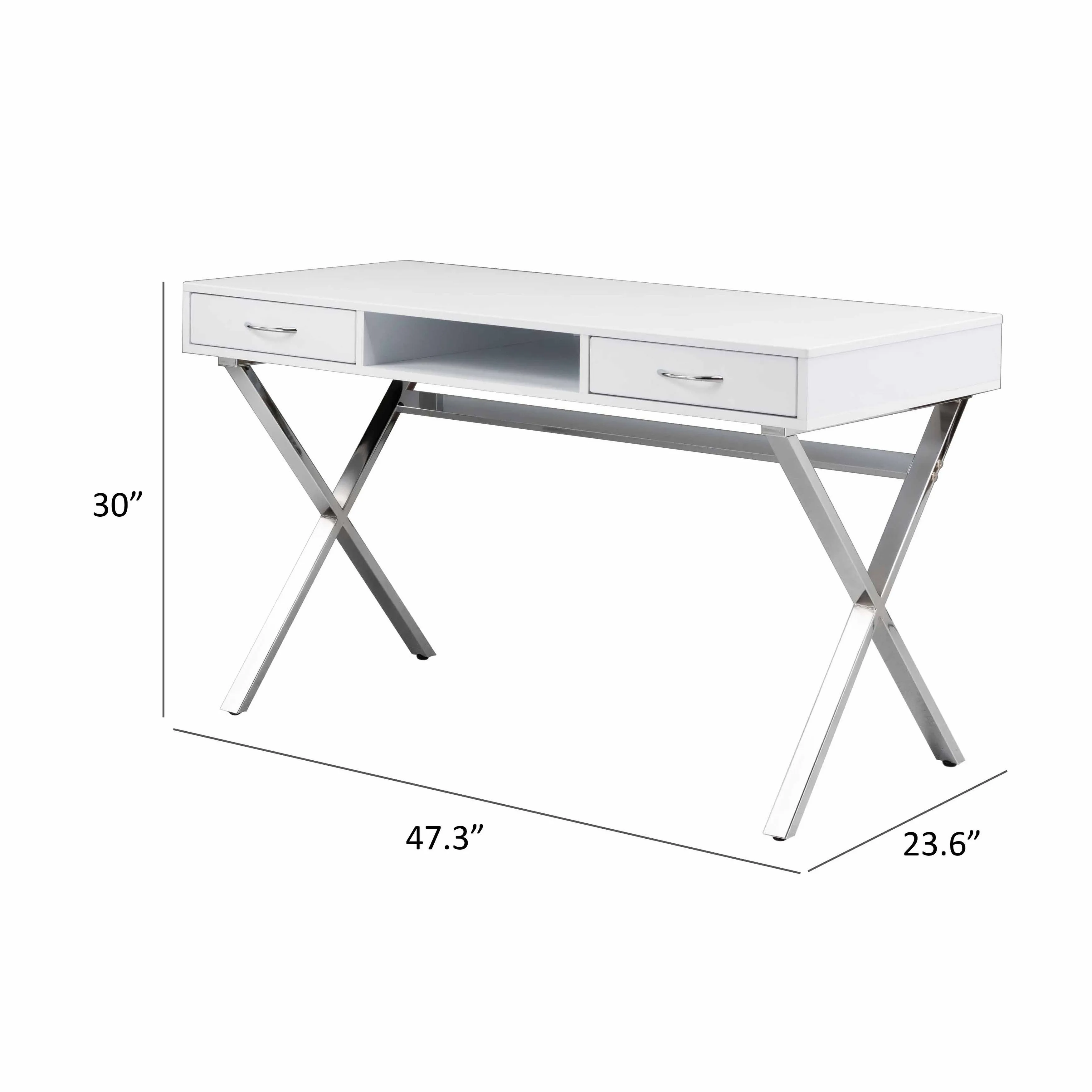 Gracie 47 Inch Desk, White Rectangular Top, 2 Drawers, Chrome Metal Legs By Casagear Home