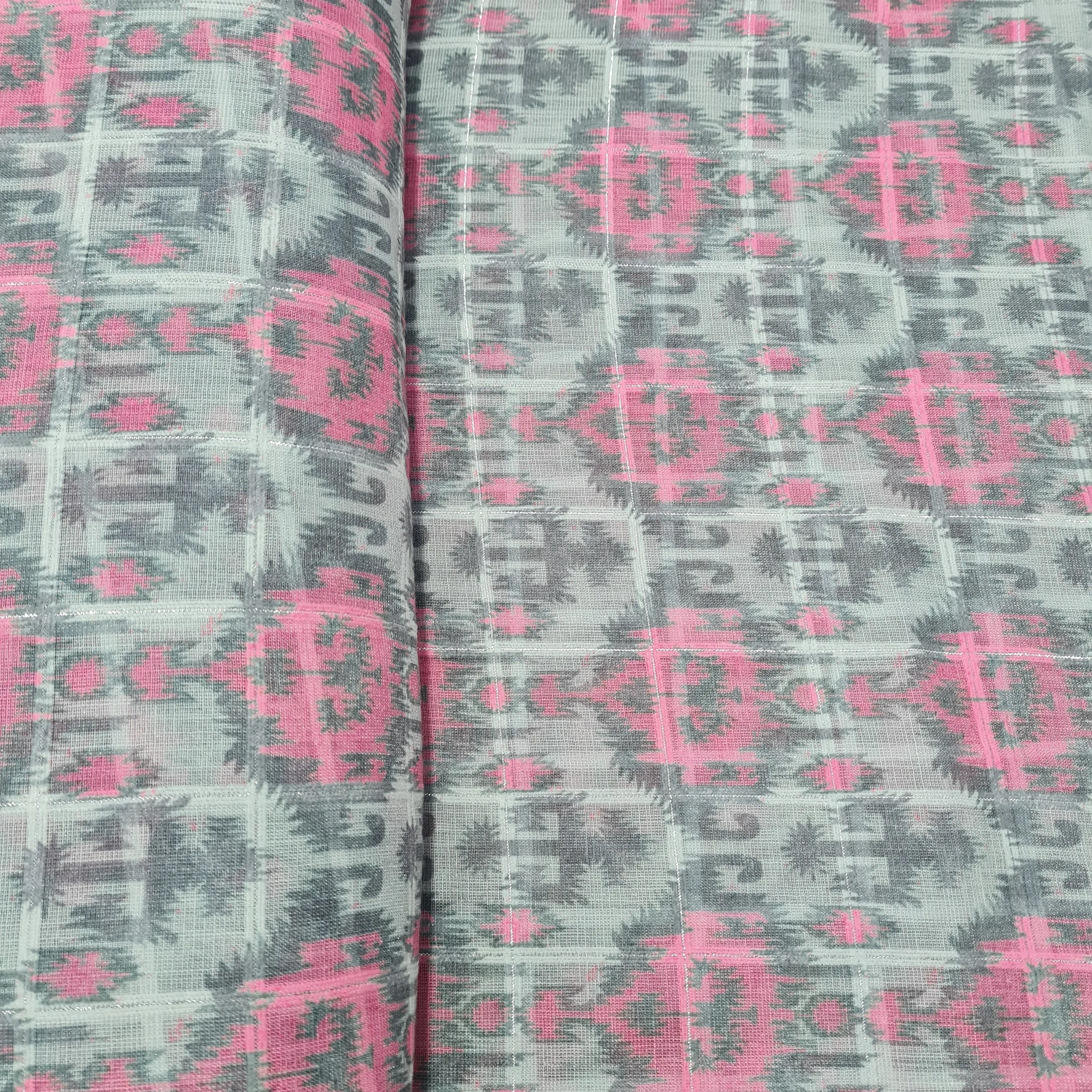 Grey & Pink Geometrical With Lurex Linen Fabric