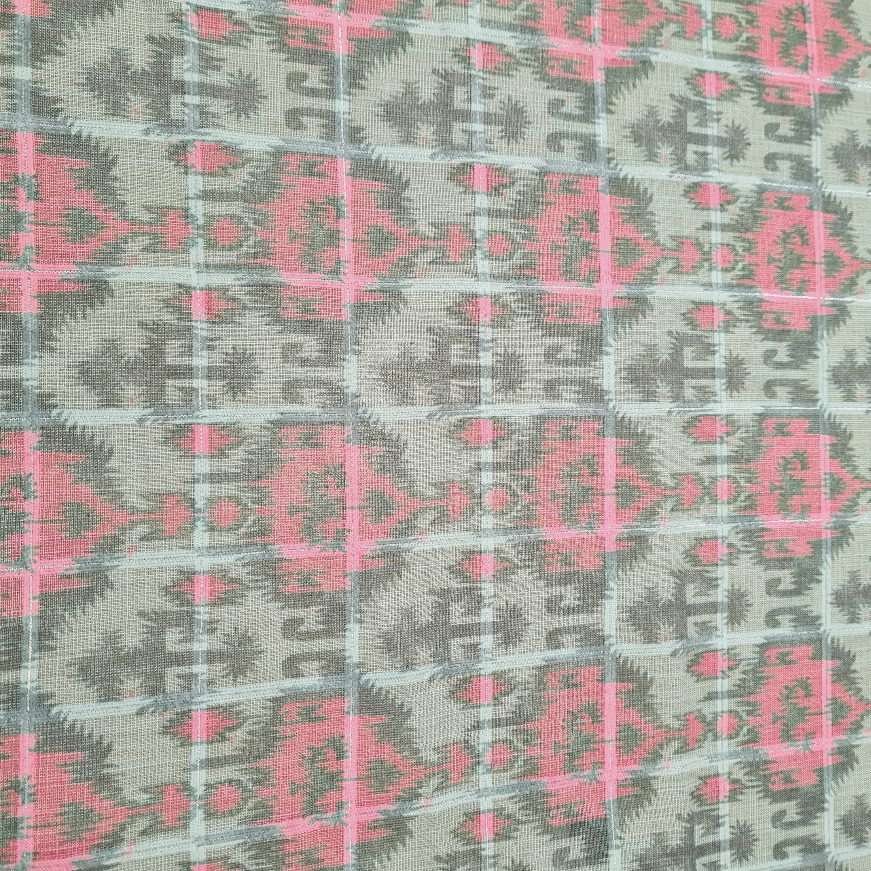 Grey & Pink Geometrical With Lurex Linen Fabric