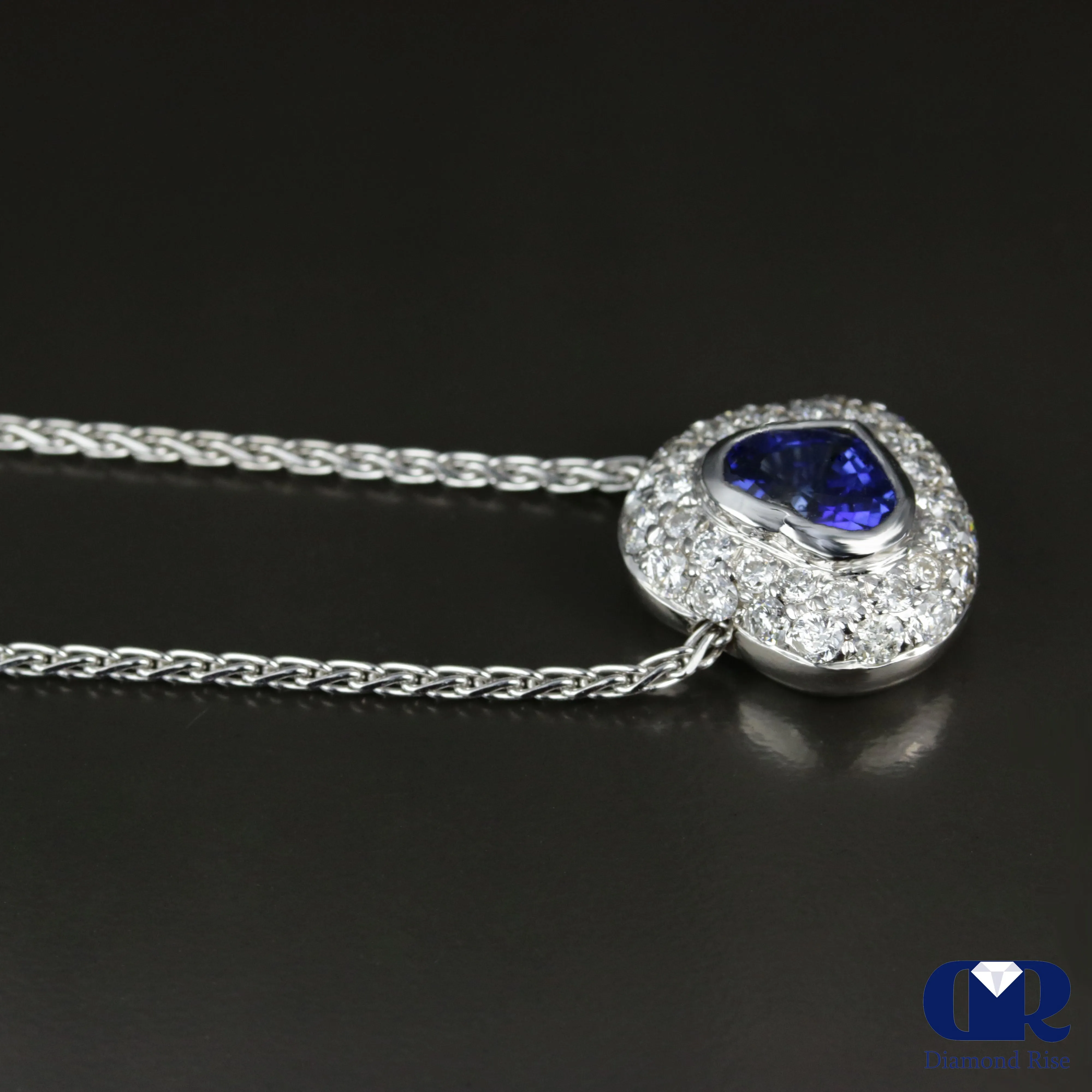 Heart Shaped Sapphire & Diamond Pendant Necklace In 14K White Gold