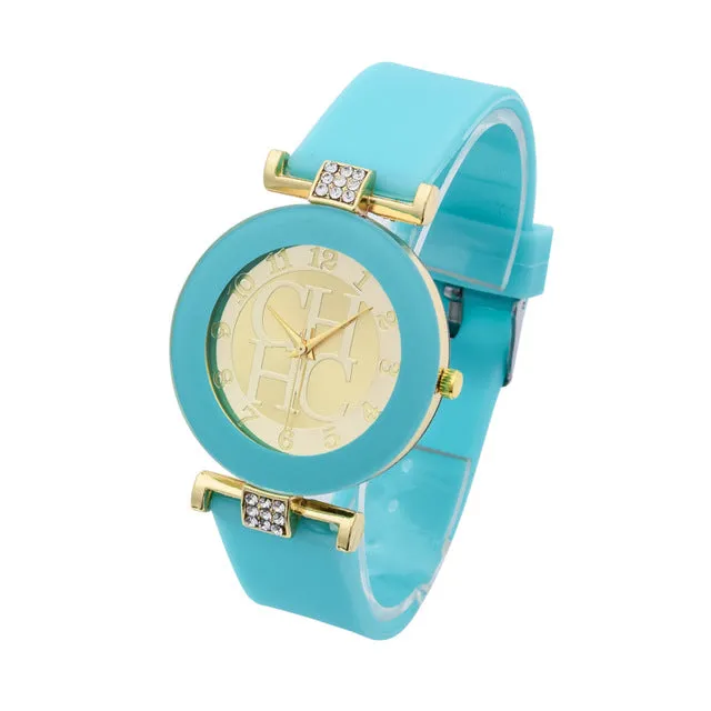 Hot sale Fashion Brand Gold Geneva sport Quartz Watch Women dress casual Crystal Silicone Watches montre homme relojes hombre