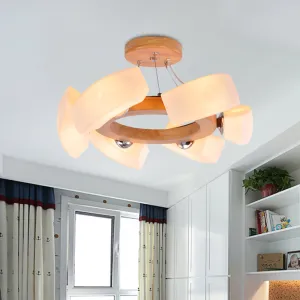 Japanese-inspired Wood Curved Chandelier Pendant Light - 6 Lights, White Glass Ring Ceiling Lamp