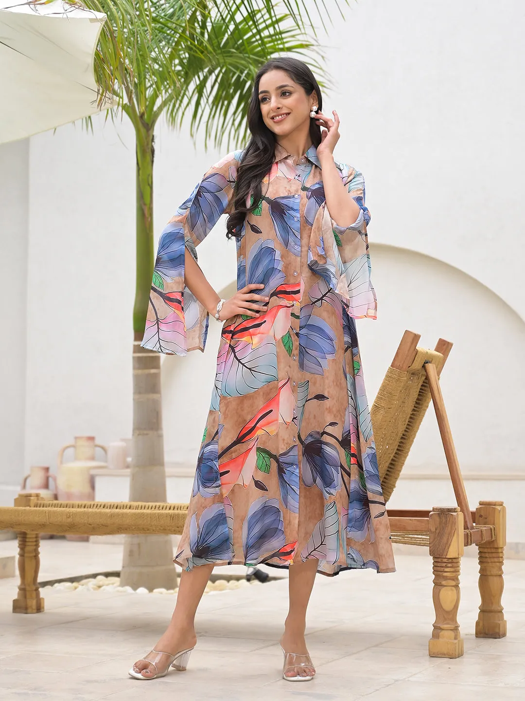 Jashvi Blue Multi Digital Printed Chinon Kaftan Dress