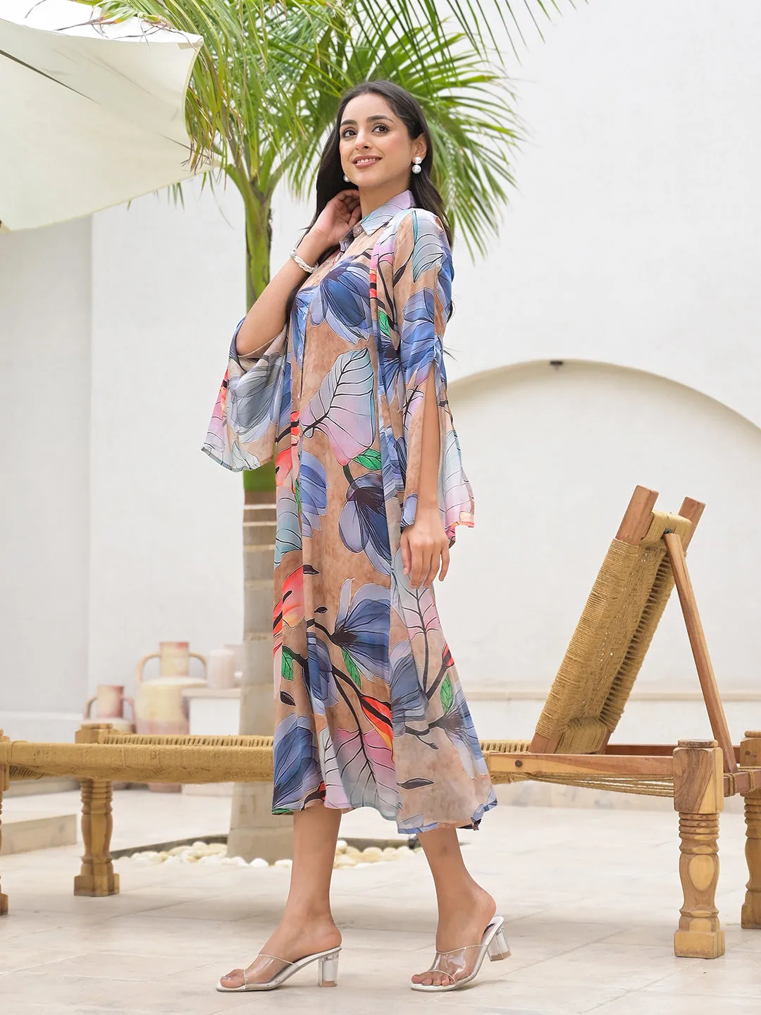 Jashvi Blue Multi Digital Printed Chinon Kaftan Dress