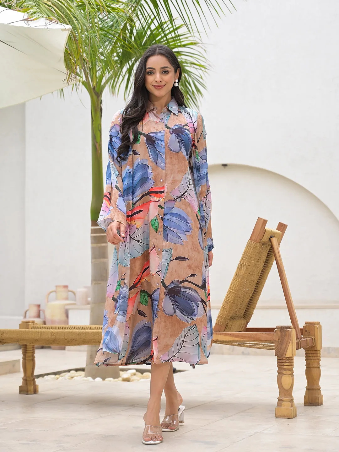 Jashvi Blue Multi Digital Printed Chinon Kaftan Dress