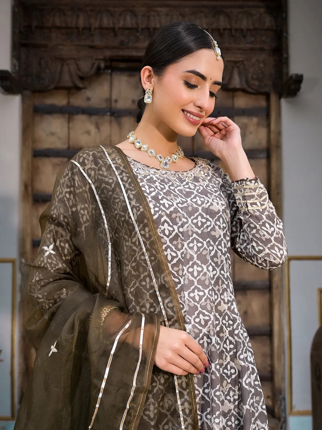 Jashvi Brown Asymetric Print Muslin Anarkali kurta pant with Dupatta Set