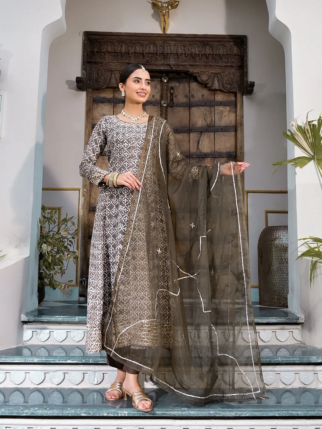 Jashvi Brown Asymetric Print Muslin Anarkali kurta pant with Dupatta Set