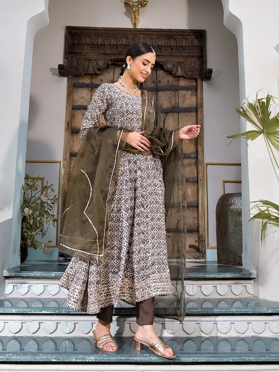 Jashvi Brown Asymetric Print Muslin Anarkali kurta pant with Dupatta Set