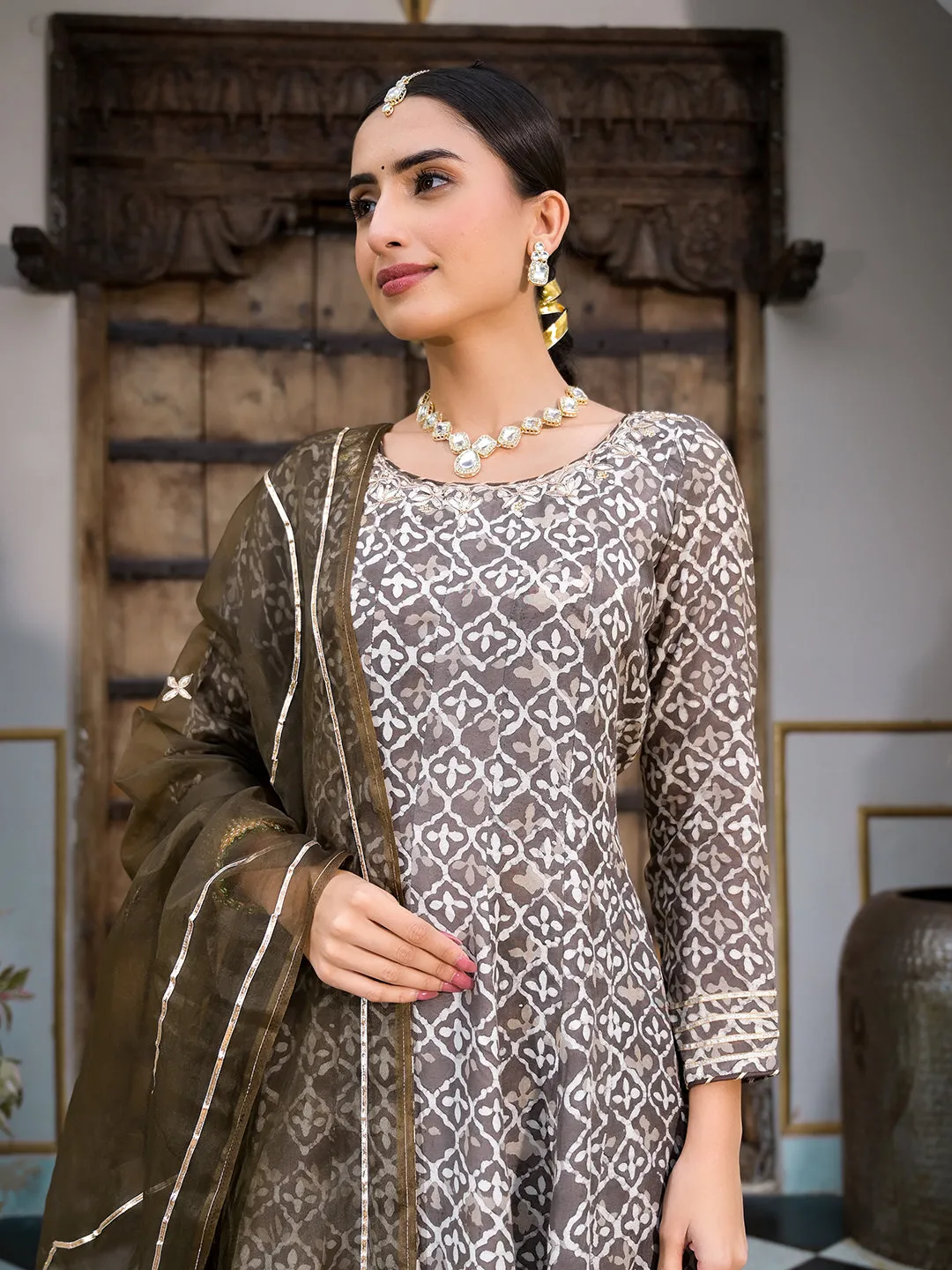 Jashvi Brown Asymetric Print Muslin Anarkali kurta pant with Dupatta Set