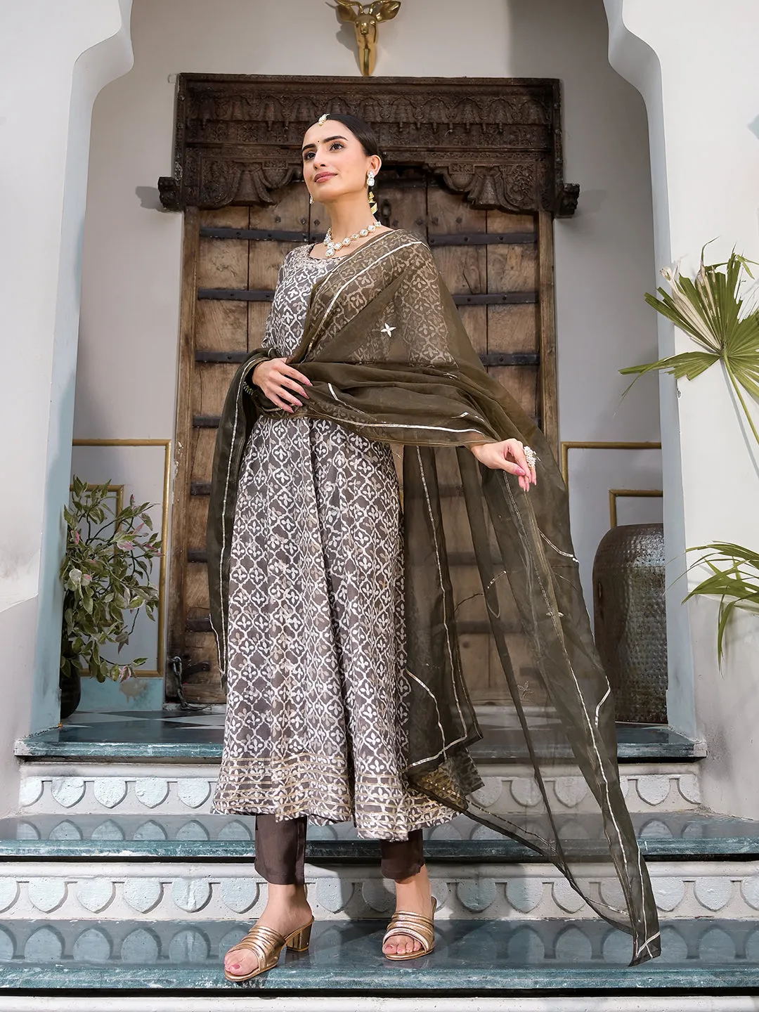 Jashvi Brown Asymetric Print Muslin Anarkali kurta pant with Dupatta Set