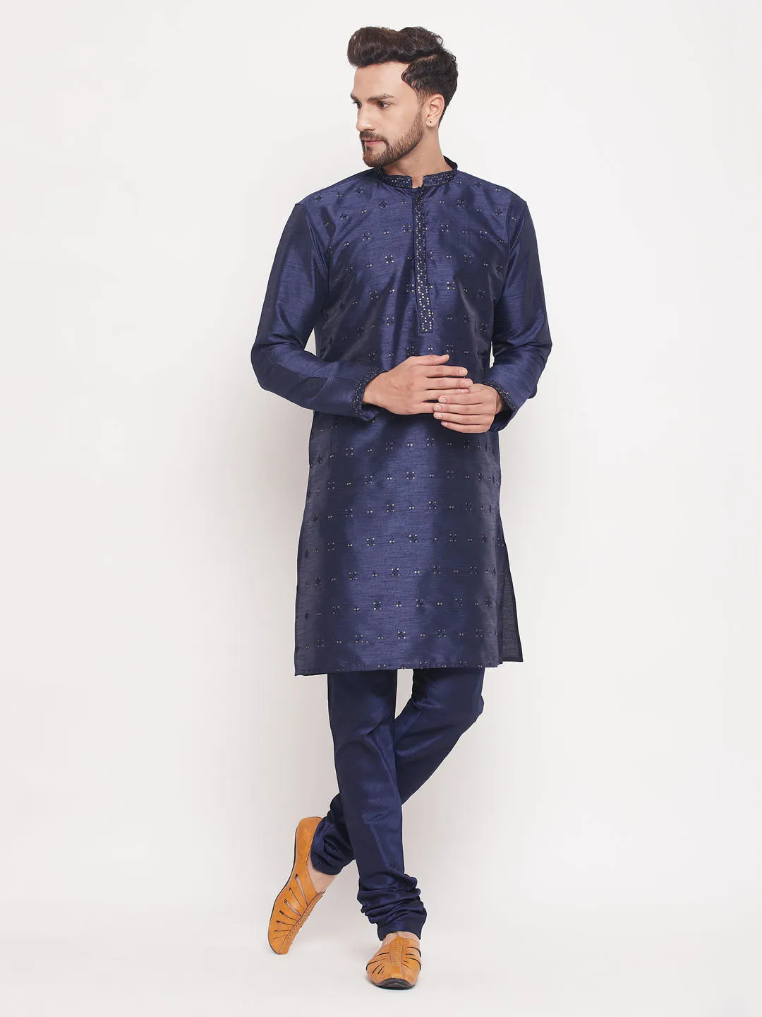 Jashvi Men's Navy Blue Sequin Kurta Pyjama Set