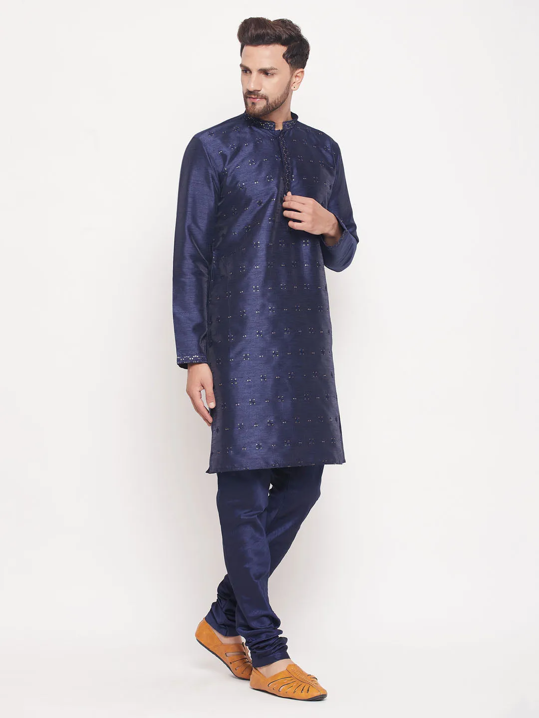 Jashvi Men's Navy Blue Sequin Kurta Pyjama Set