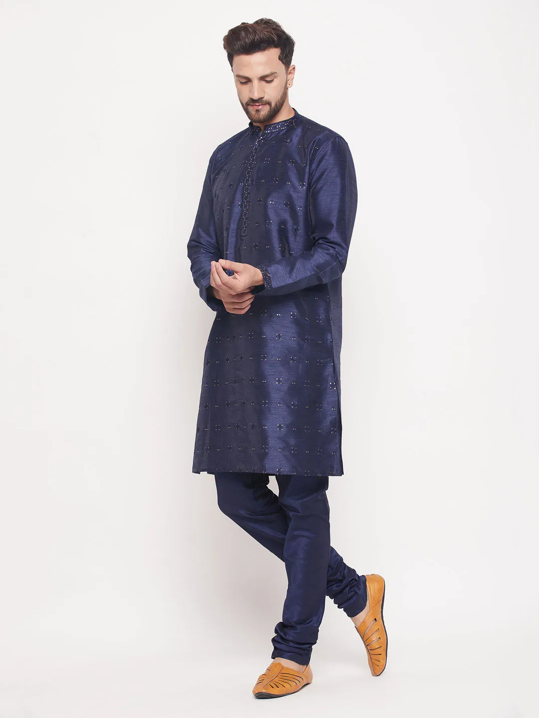 Jashvi Men's Navy Blue Sequin Kurta Pyjama Set