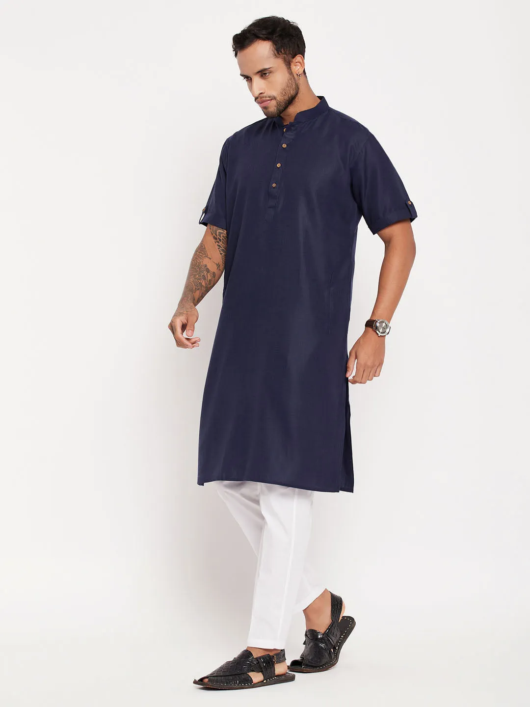 Jashvi Men's Navy Blue Solid Kurta with White Pant style Cotton Pyjama Set