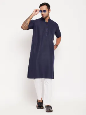 Jashvi Men's Navy Blue Solid Kurta with White Pant style Cotton Pyjama Set