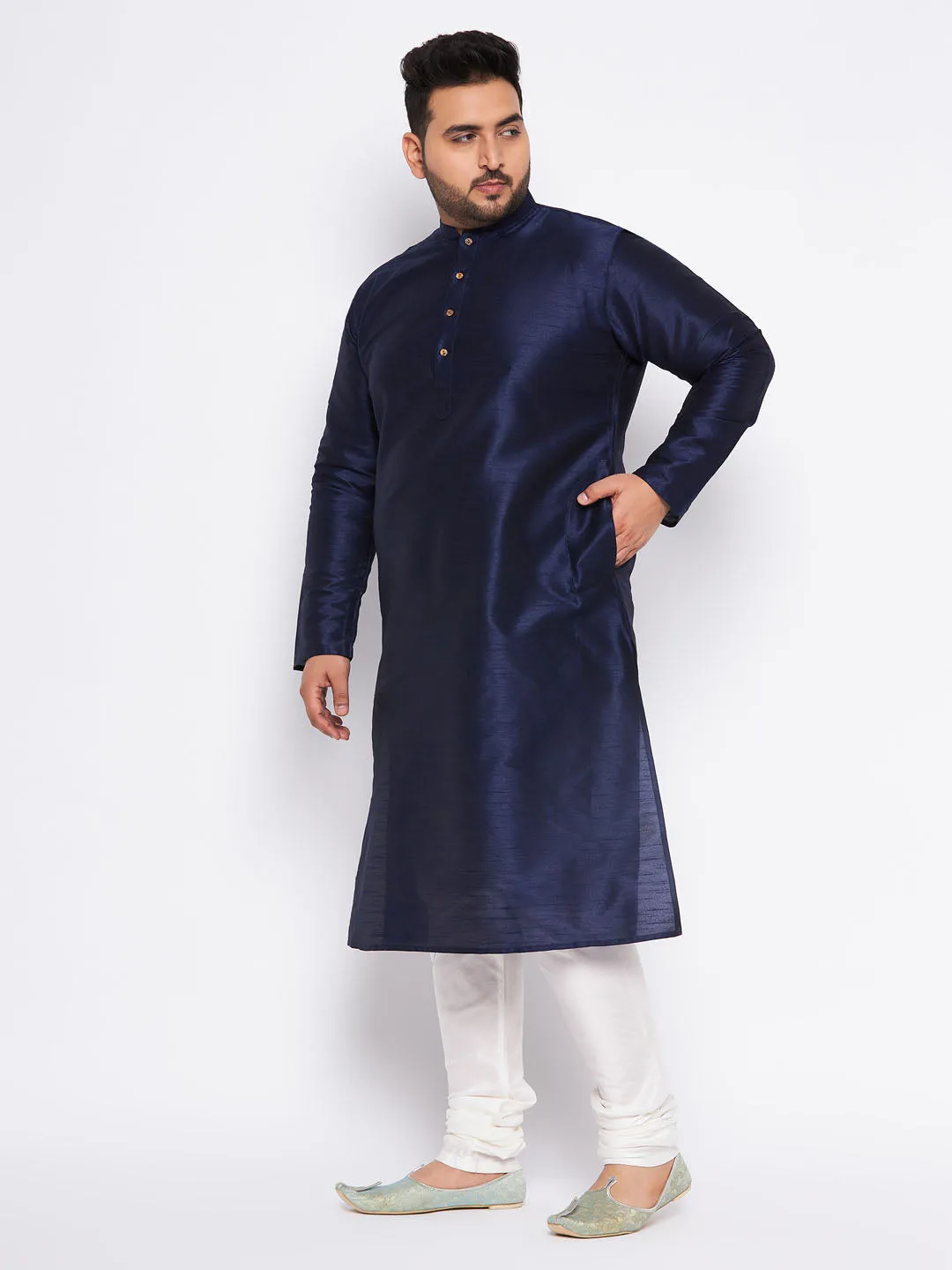 Jashvi Men's Plus Size Navy Blue Silk Blend Kurta and Cream Pyjama Set