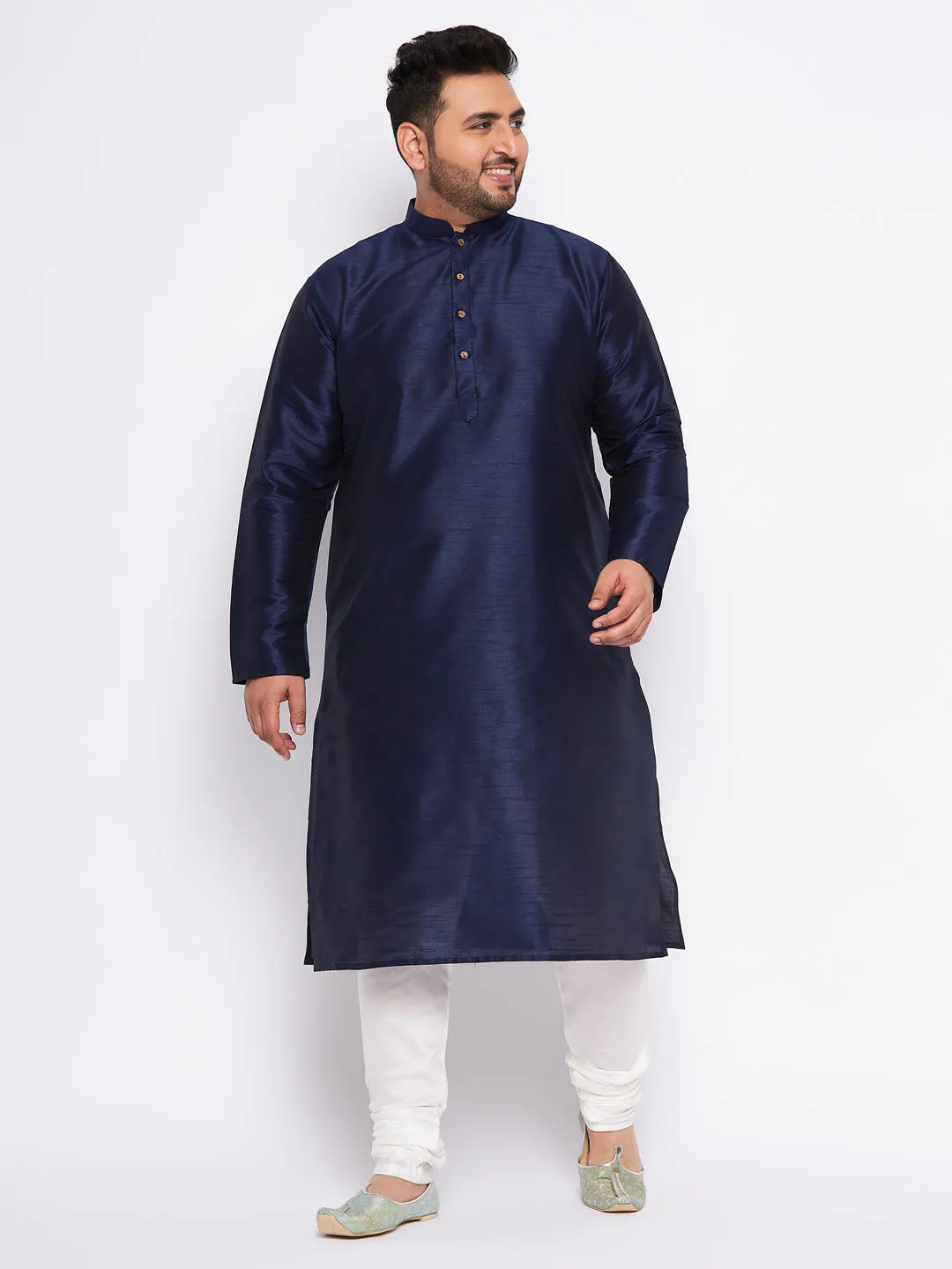 Jashvi Men's Plus Size Navy Blue Silk Blend Kurta and Cream Pyjama Set