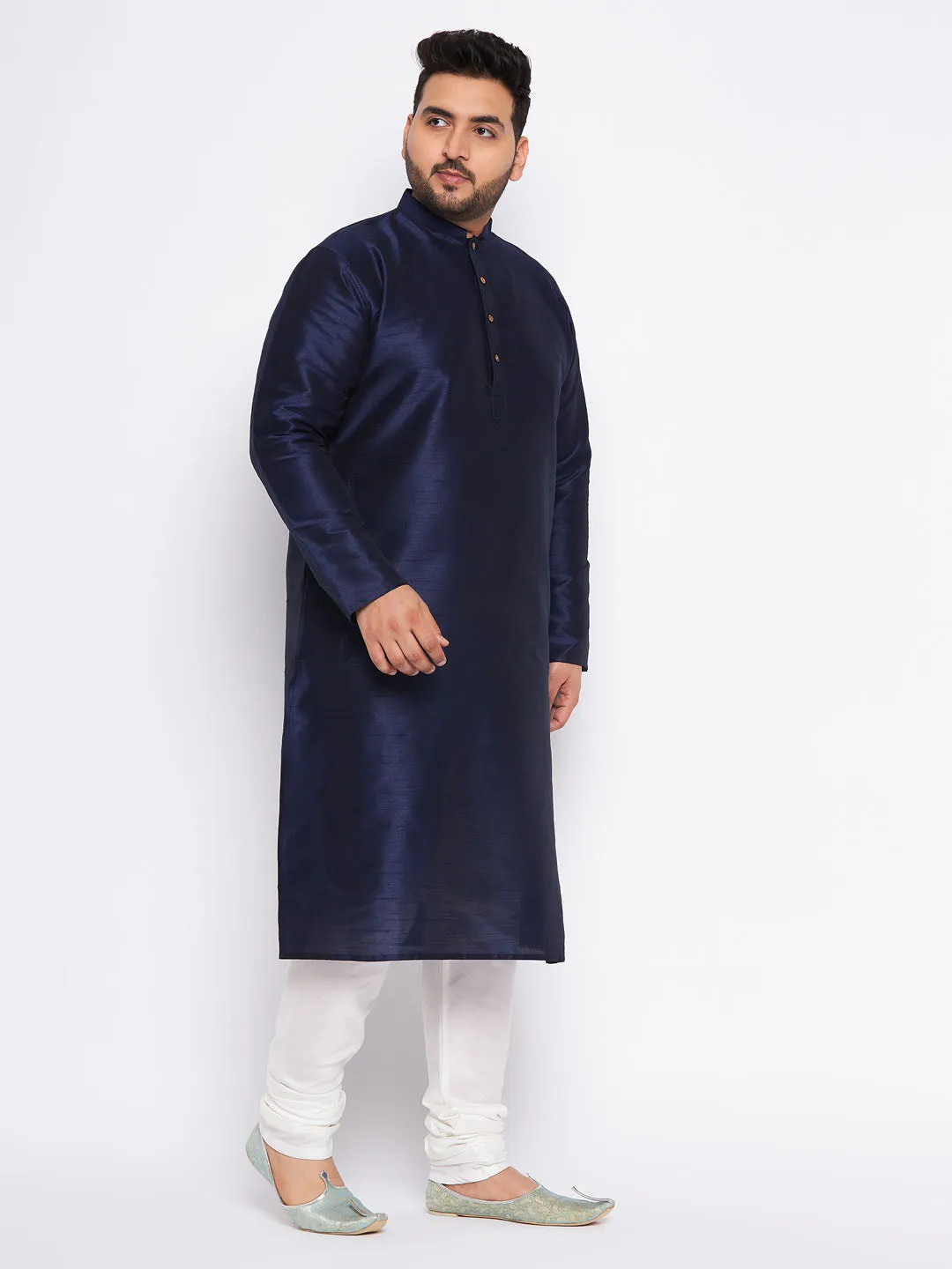 Jashvi Men's Plus Size Navy Blue Silk Blend Kurta and Cream Pyjama Set