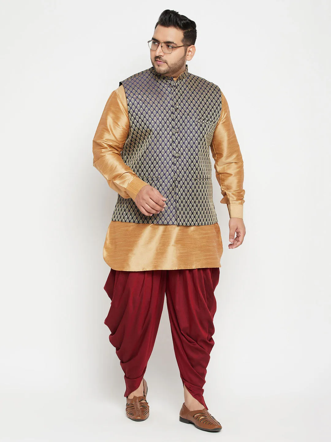 Jashvi Men's Plus Size Rose Gold, Navy Blue and Maroon Silk Blend Jacket Kurta Dhoti Pant Set