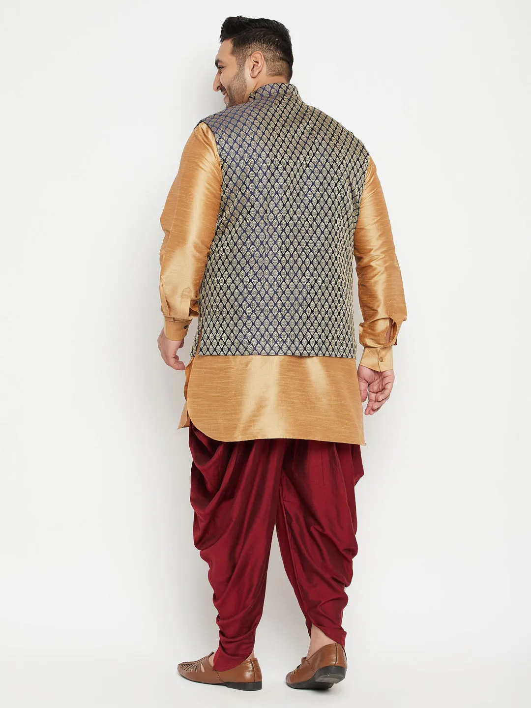 Jashvi Men's Plus Size Rose Gold, Navy Blue and Maroon Silk Blend Jacket Kurta Dhoti Pant Set