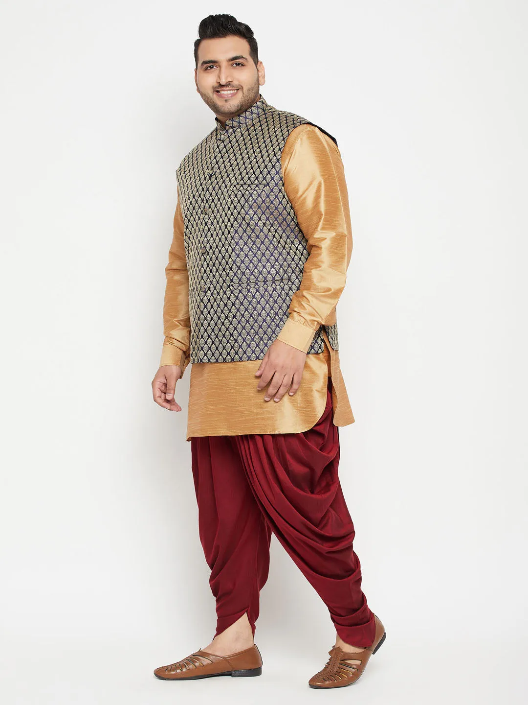 Jashvi Men's Plus Size Rose Gold, Navy Blue and Maroon Silk Blend Jacket Kurta Dhoti Pant Set