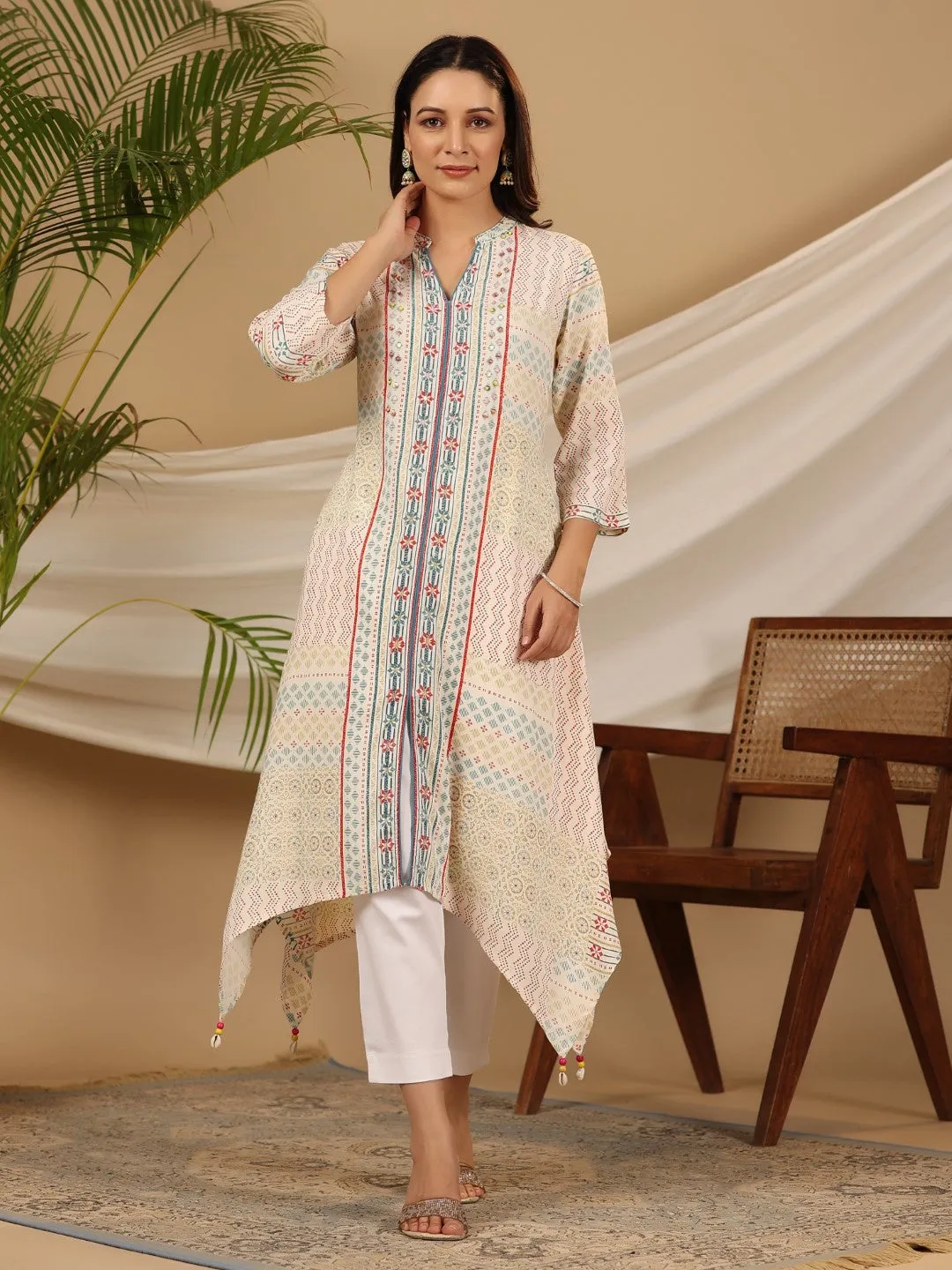 Jashvi Multi-Color Geometric Printed Rayon Kurta With Beads & Sequins Work