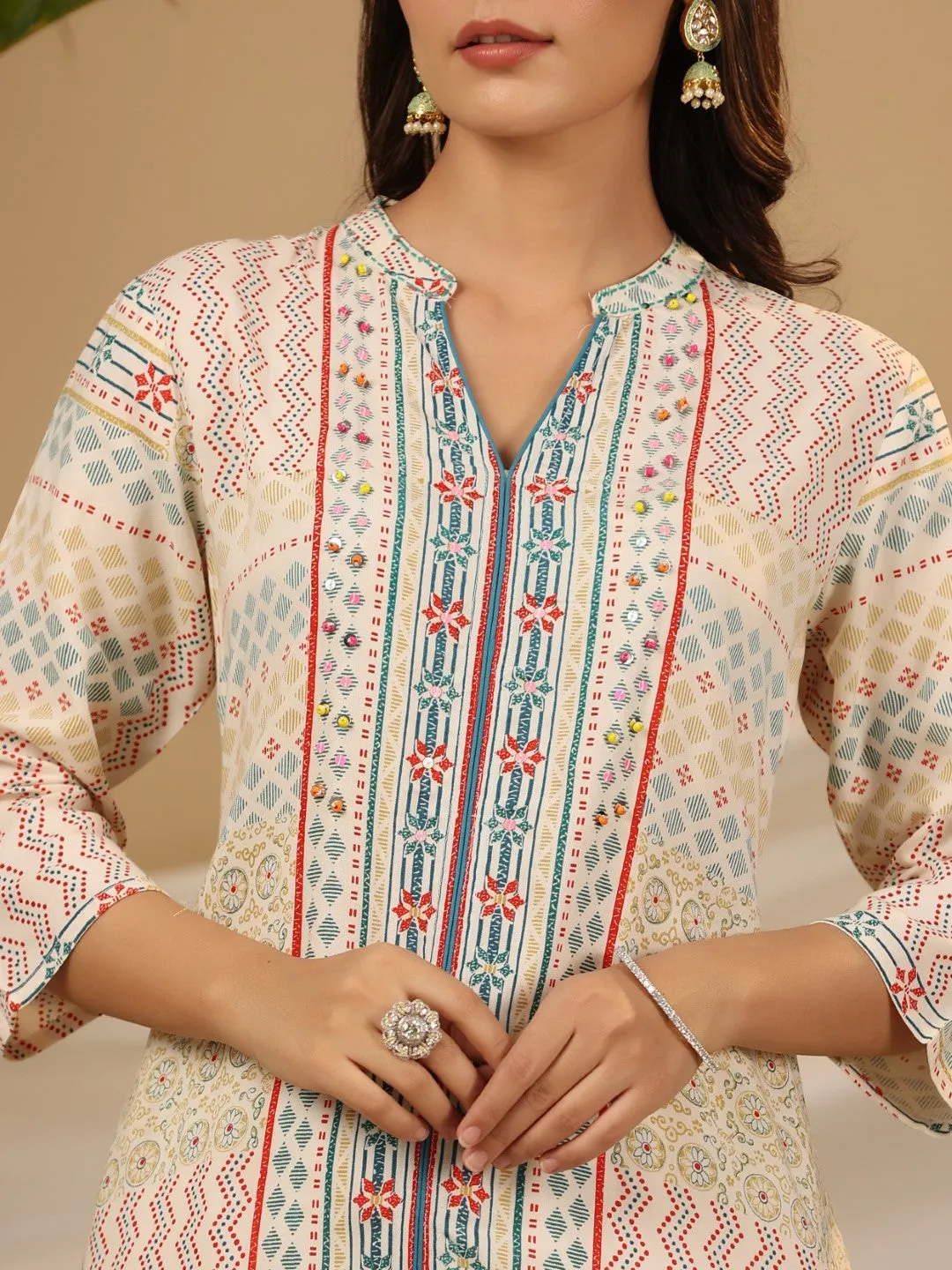 Jashvi Multi-Color Geometric Printed Rayon Kurta With Beads & Sequins Work