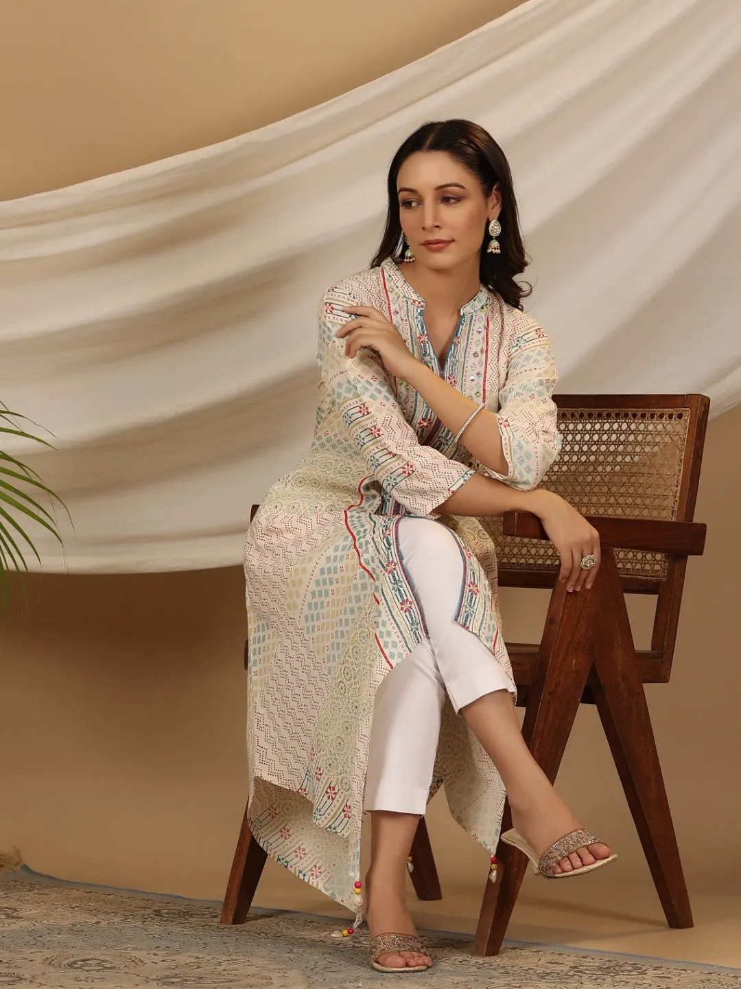 Jashvi Multi-Color Geometric Printed Rayon Kurta With Beads & Sequins Work