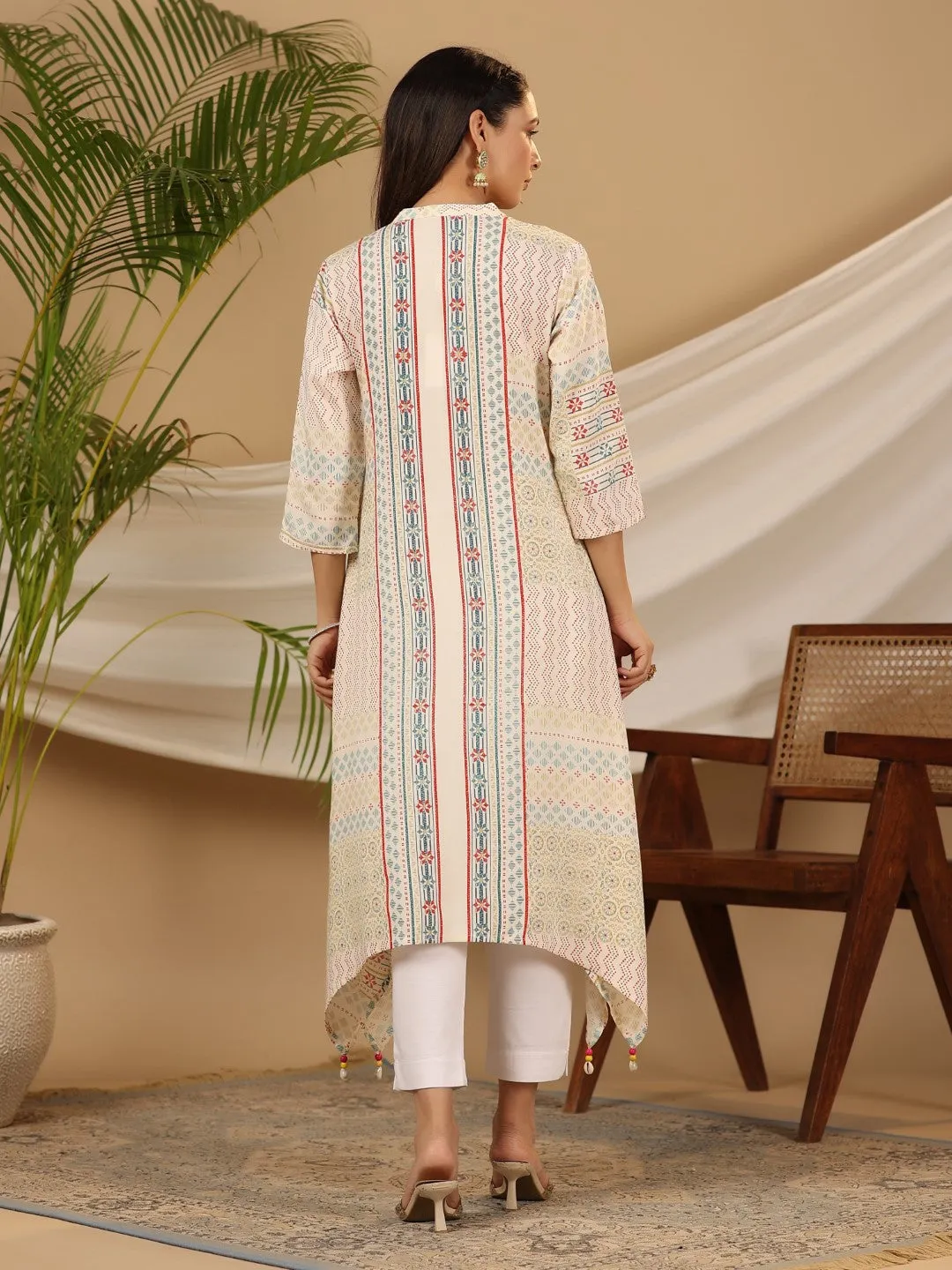 Jashvi Multi-Color Geometric Printed Rayon Kurta With Beads & Sequins Work