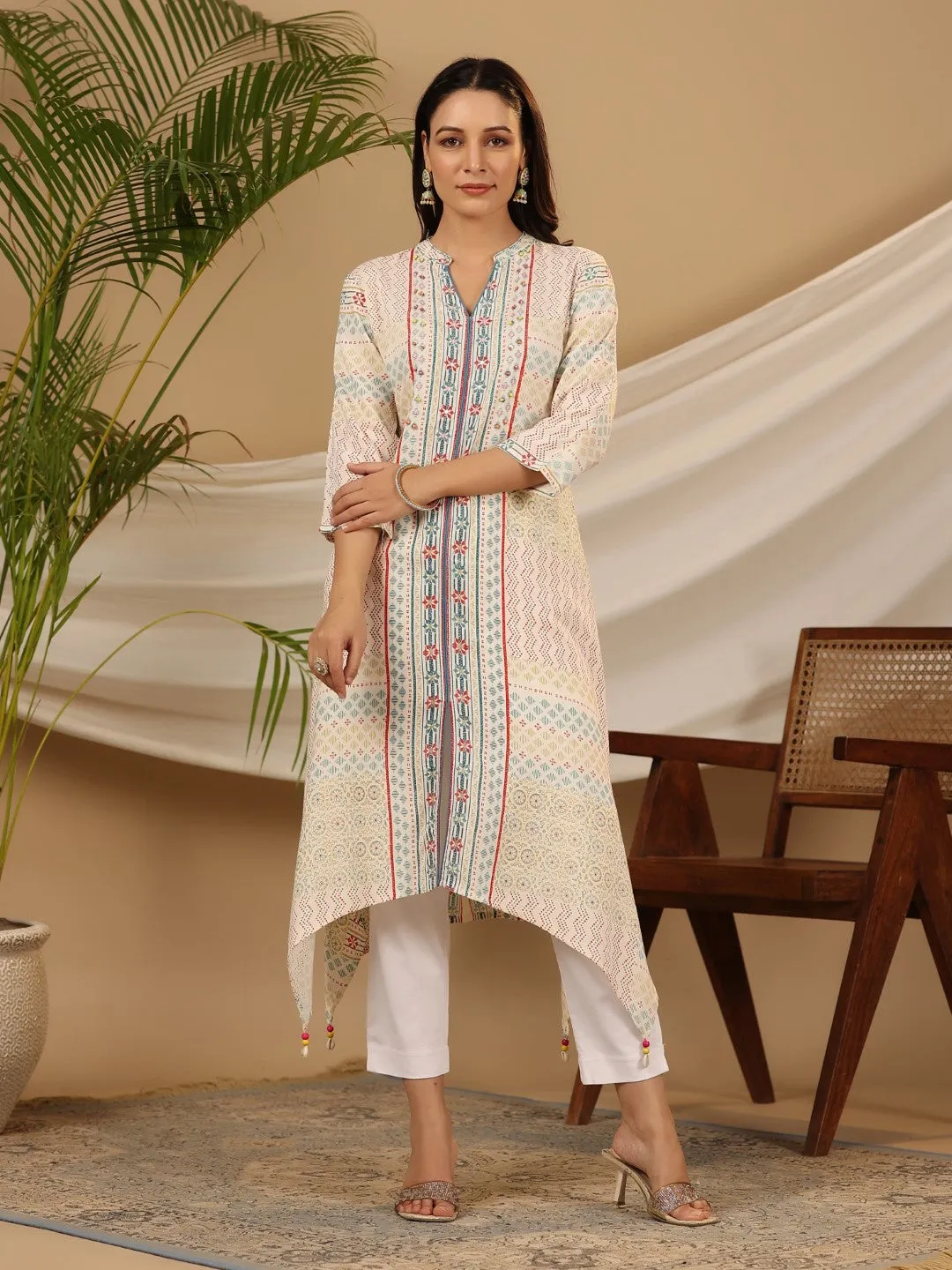 Jashvi Multi-Color Geometric Printed Rayon Kurta With Beads & Sequins Work