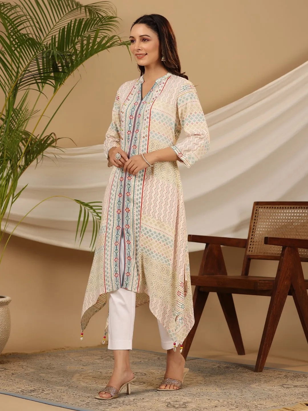 Jashvi Multi-Color Geometric Printed Rayon Kurta With Beads & Sequins Work