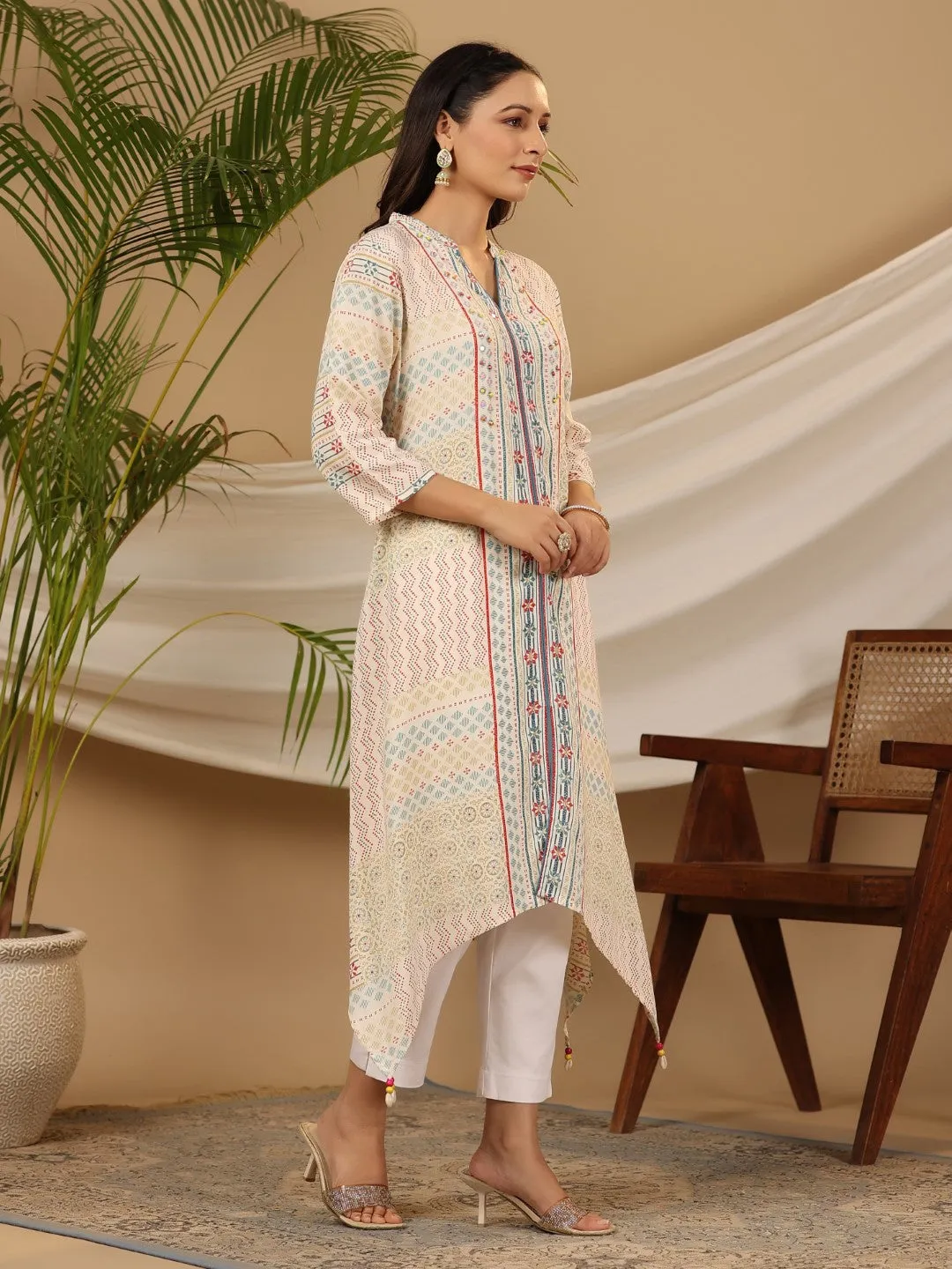 Jashvi Multi-Color Geometric Printed Rayon Kurta With Beads & Sequins Work