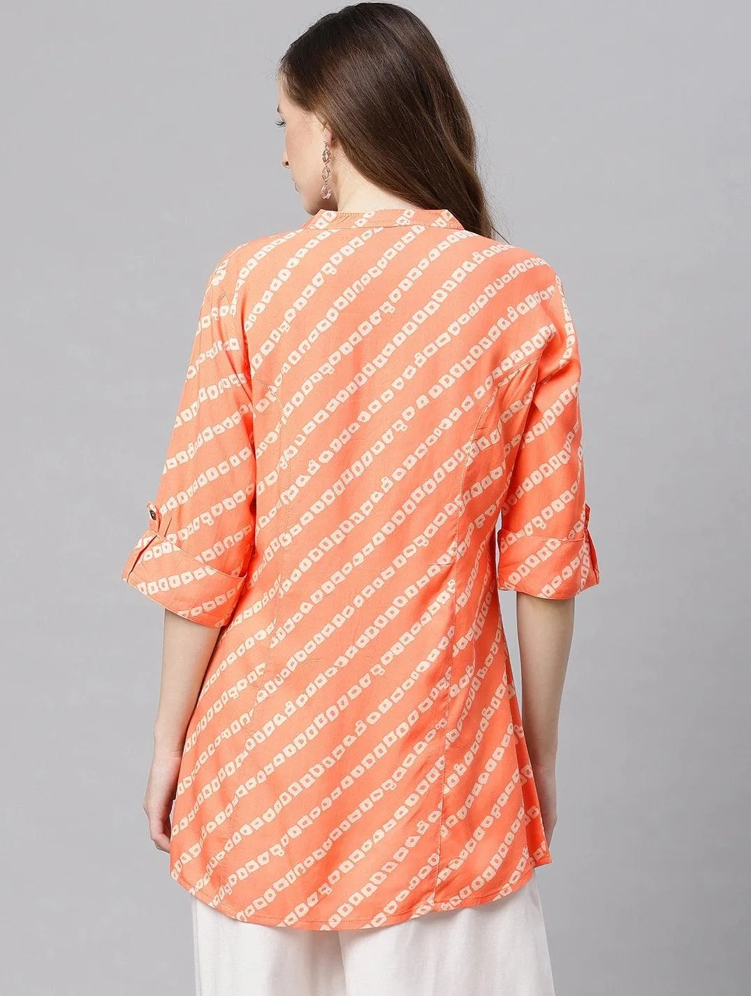 Jashvi Orange Bandhani Rayon A-line Shirt Style Top