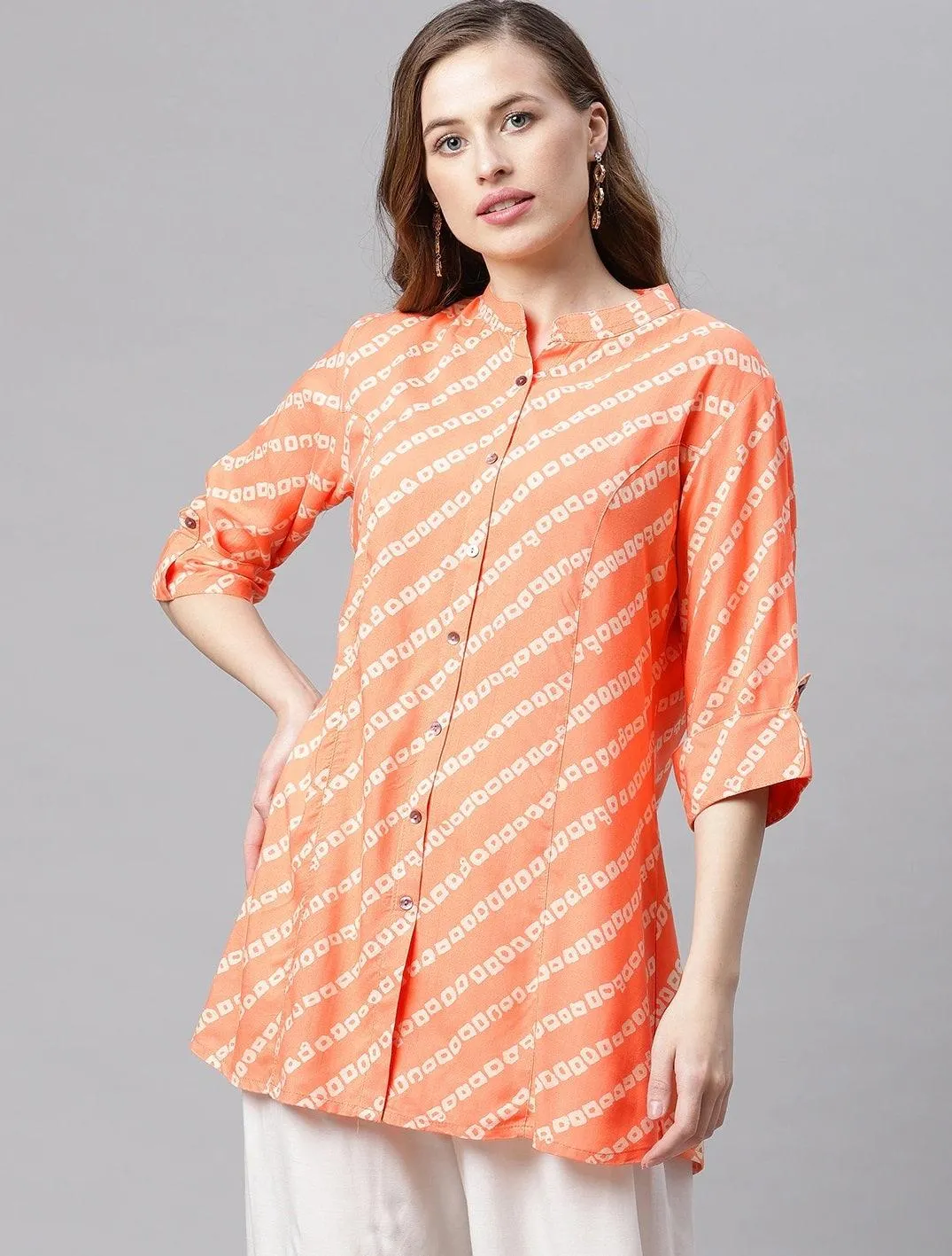 Jashvi Orange Bandhani Rayon A-line Shirt Style Top